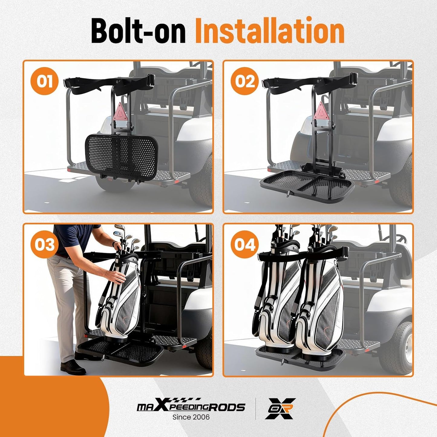 maXpeedingrods Golf Cart Bag Holder Foldable, Upgraded Cart Rear Seat Bag Rack Fits 8 in Max Width Safety Grip Bar for Club Car E-Z-GO Yamaha Space-Saving No Drilling Required Rust-Proof