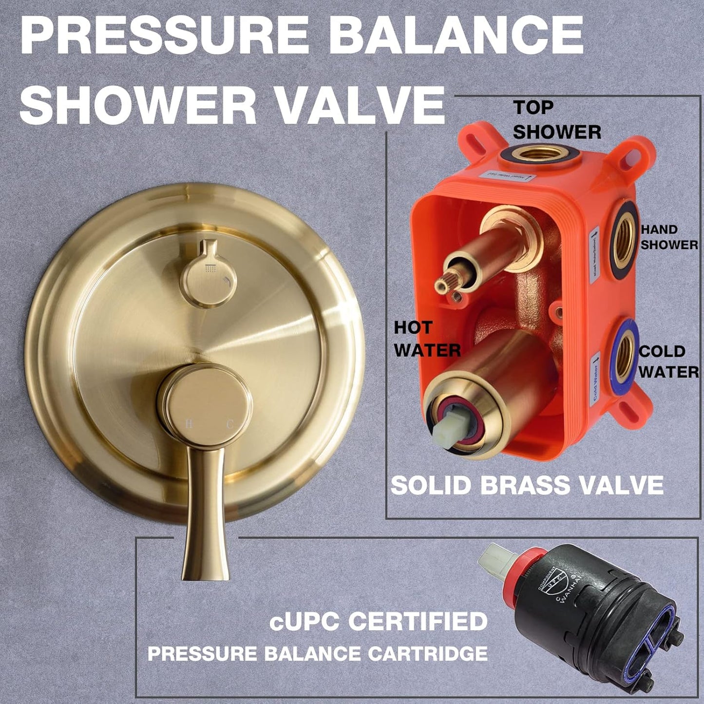 TRUSTMI Rainfall Shower System, Pressure Balanced Shower Set, 12 Inch Shower Trim Kit, Wall Brass Rough-In Valve Included, Brushed Gold (Brushed Gold)