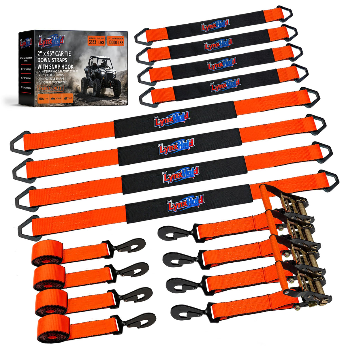 2'' x 96'' Cargo Control Wire Hook Ratchet Straps, Wheel Tie Down System