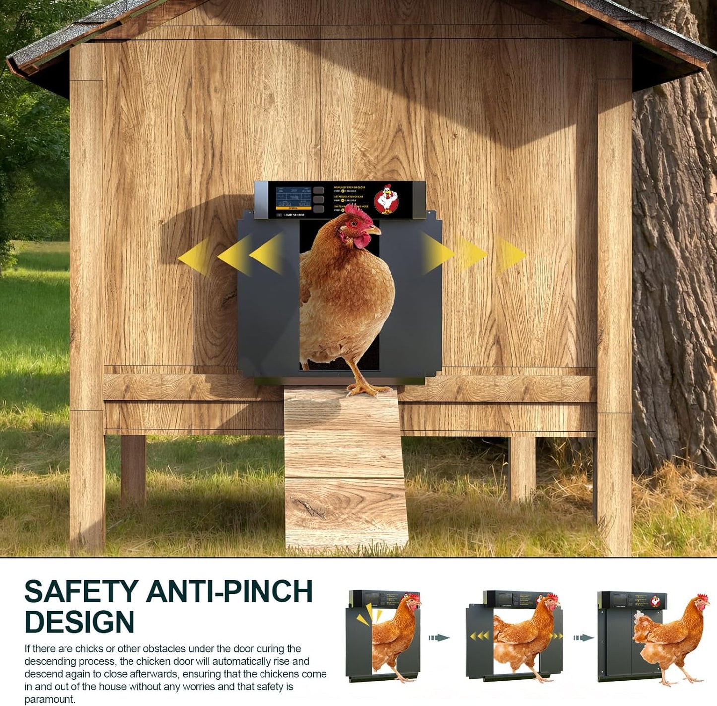 CKAIJHIEG Chicken Coop Door, Automatic Chicken Coop Door Opener, Large LCD Display with Timer & Light Sensor, Anti-Pinch Protection