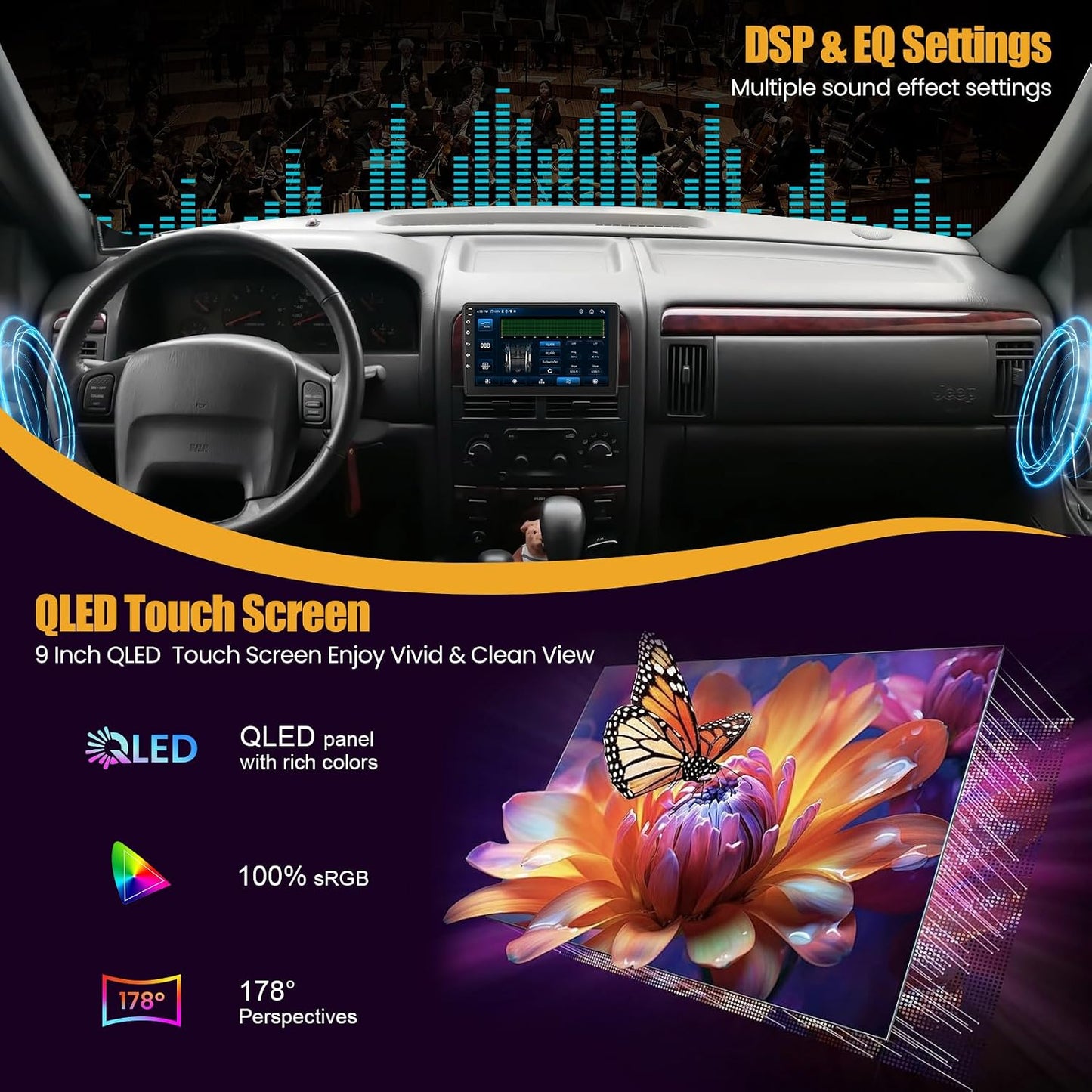 (8Core + 64GB) Car Radio Stereo for Dodge RAM(2002-2006),for Jeep Wrangler (2003-2006),Jeep Grand Cherokee (1999-2004),9 Inch QLED Touch Screen with Wireless Carplay&Android Auto&Mirrolink For Dodge Ram 2002-2006