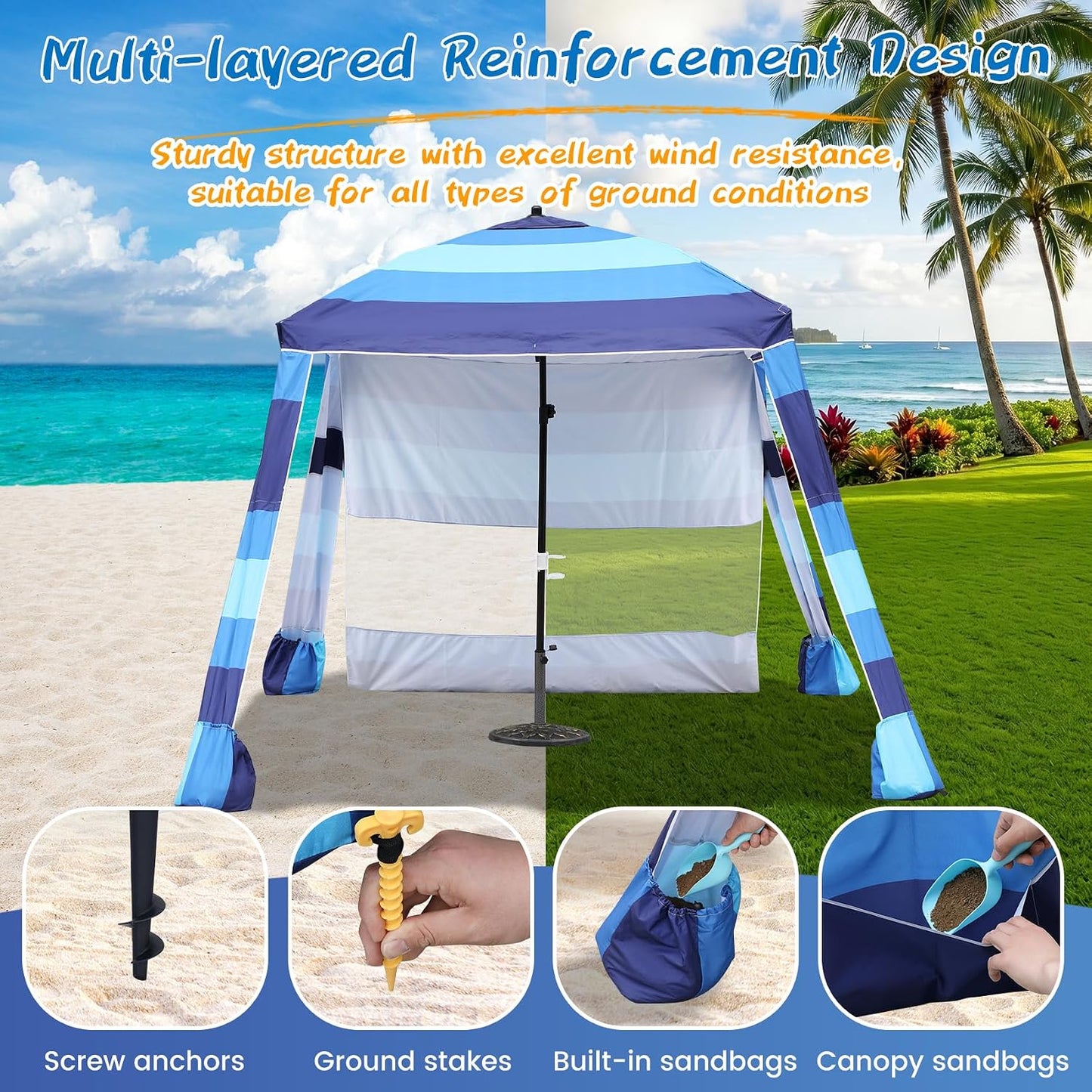 Beach Cabana,Spacious 7.2 x 7.2 FT Beach Cabana Provides Ample Shade for 5-6 People, Perfect for Family Outings; Features 3 Side Curtains for Enhanced Privacy and Wind Protection BLUE