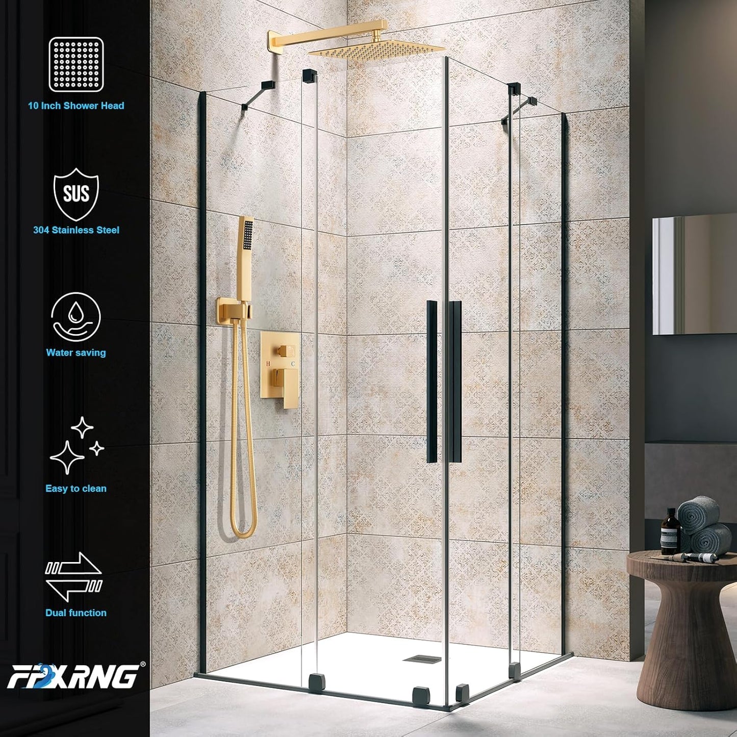 FPXRNG Gold Shower Faucet Set, Rainfall Shower System with Rain Shower Head and Handle Set, Wall Mounted Shower Fixtures, Full Metal Trim Repair Kit