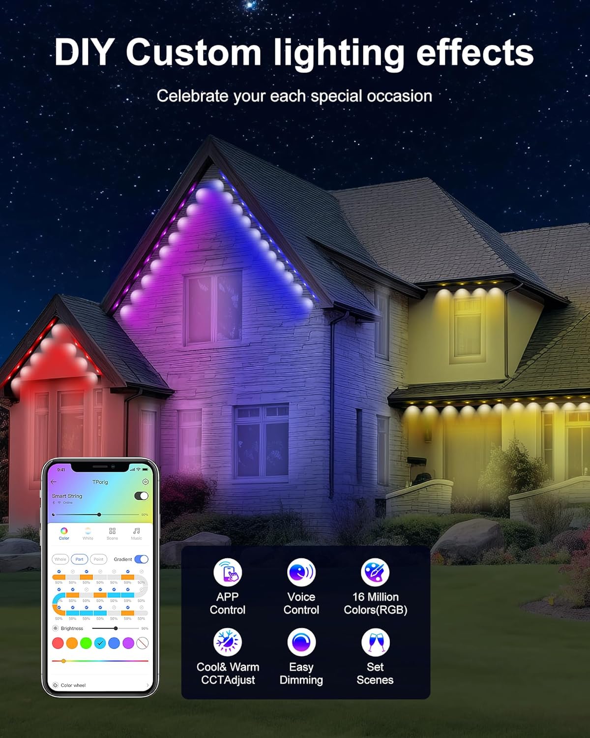 Permanent Outdoor Lights for House, 100ft Smart RGBIC Outside Lights with 72 Scene Modes, IP67 Waterproof Eaves Lights for Christmas All Holiday