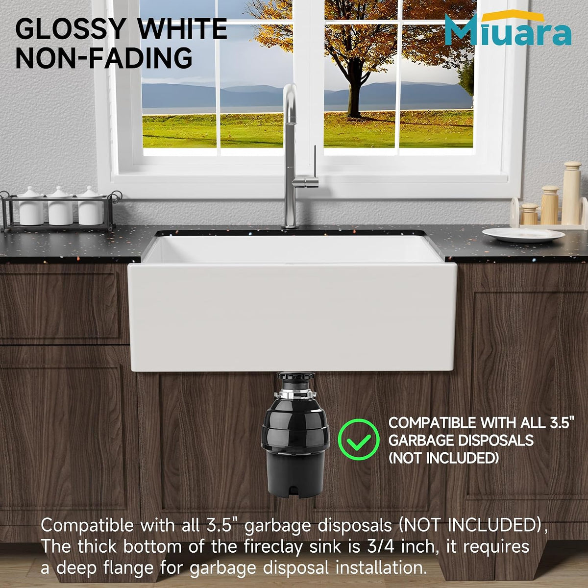 Miuara 30 x 20 Inch Self Trimming Farmhouse Kitchen Sink White Apron Front