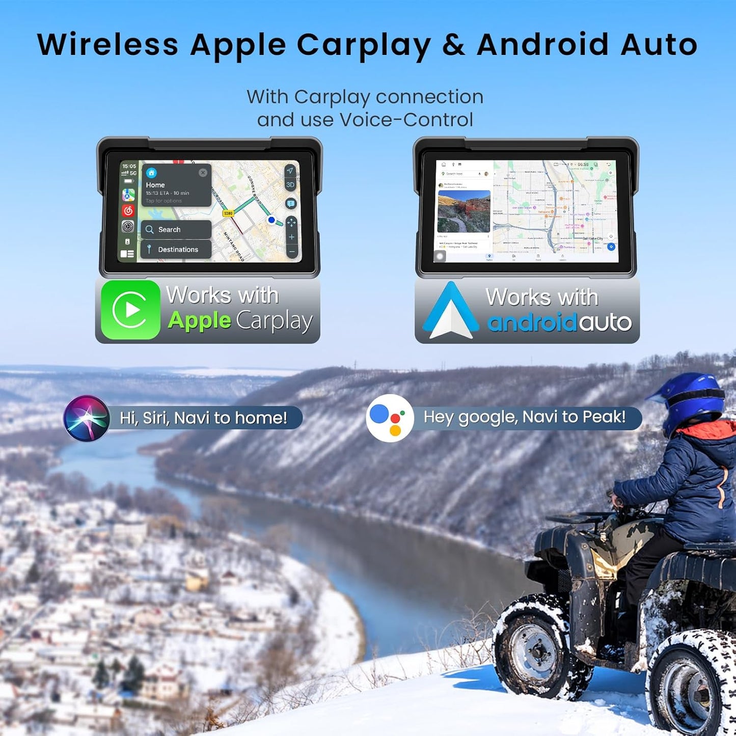 7” Motorcycle CarPlay & Android Auto Display Portable Touch Screen, Support GPS Navigation Siri & Google Assistant, Bluetooth 5.2/ Voice Control/ IP67K Waterproof Anti-Glare Design