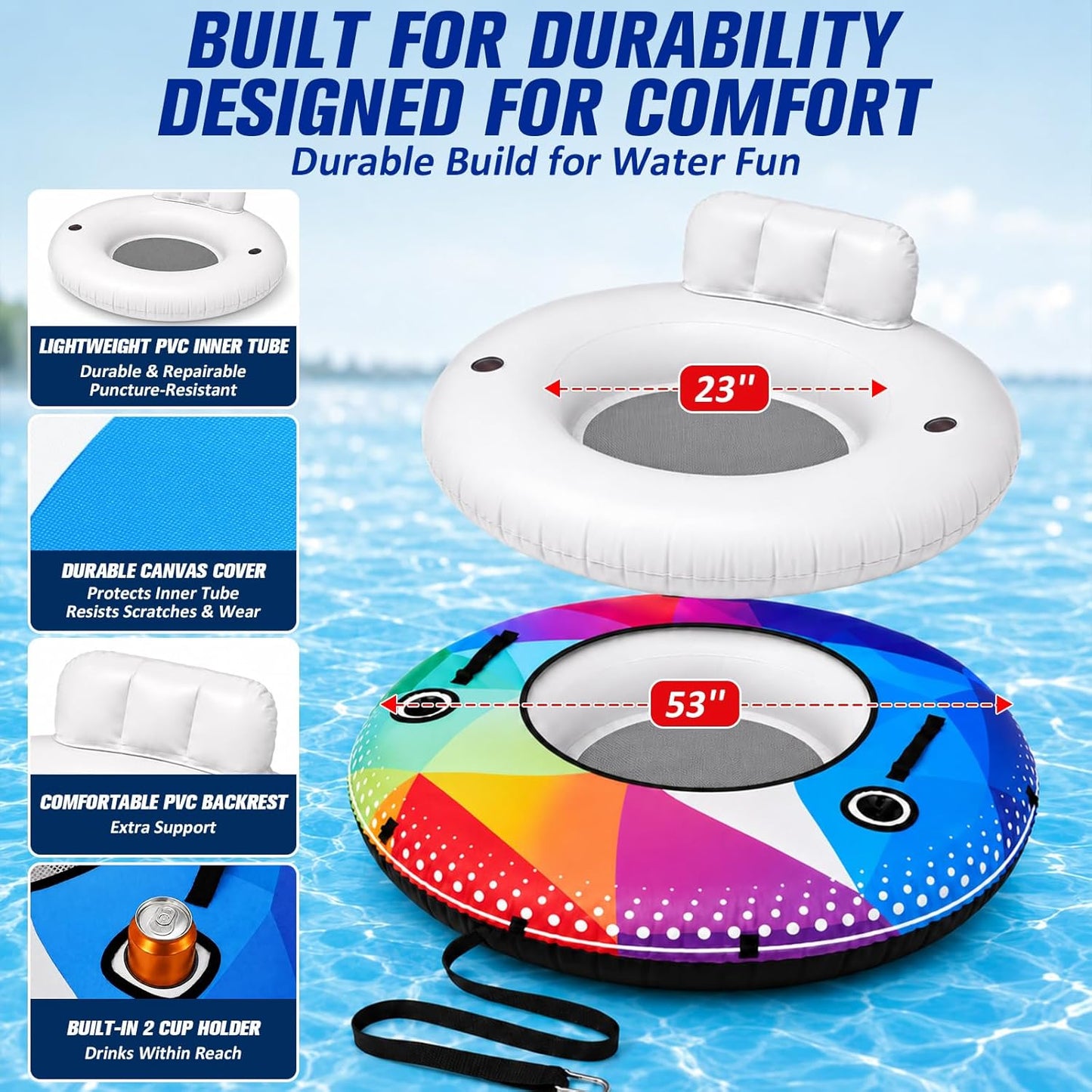 River Tube, 53'' River Float Tube with Premium Canvas Cover, Comfortable Backrest, 2 Built-in Cup Holders, Tow Strap & Handles, Inflatable PVC Water Inner Tubes for Adults Lake Pool Floating