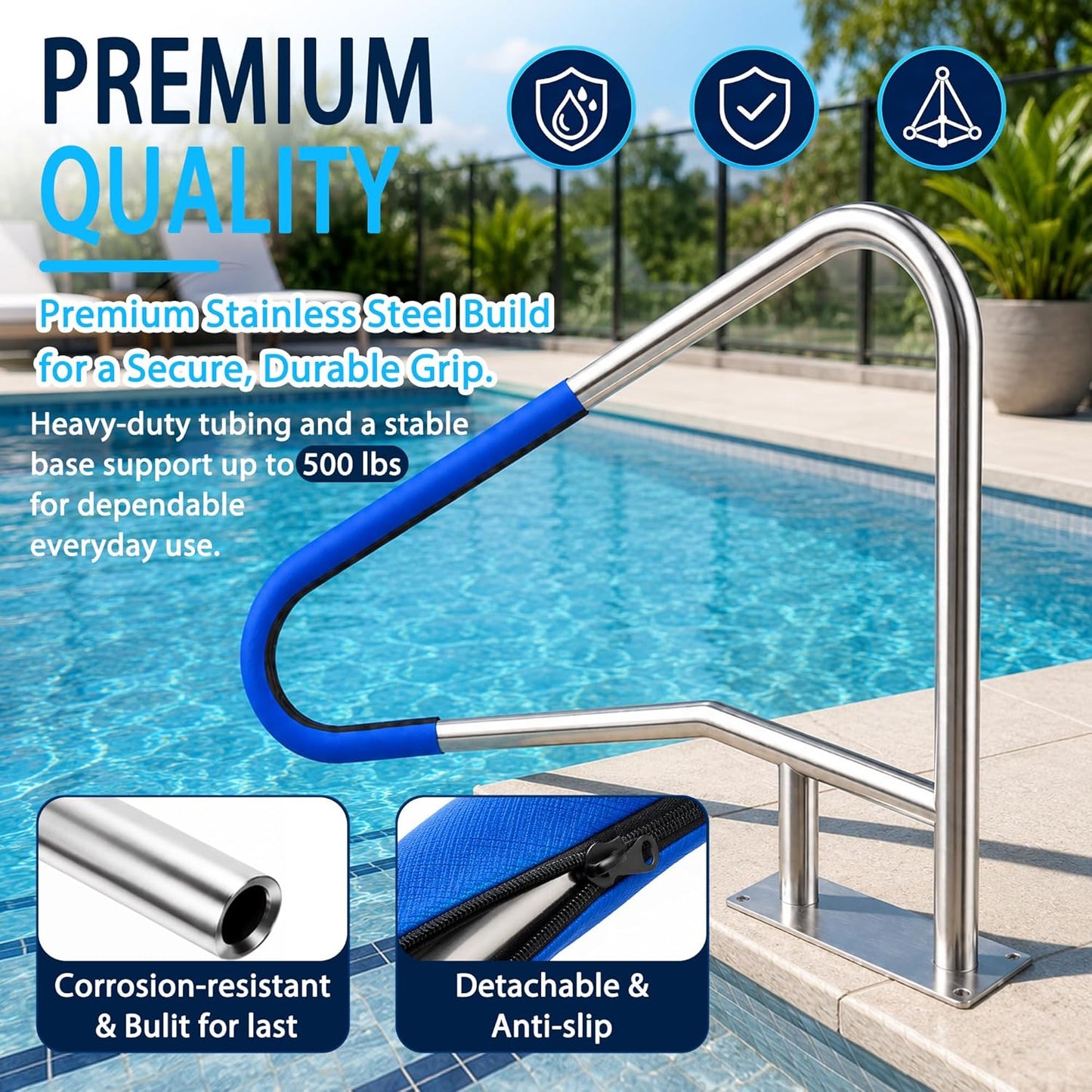 Pool Handrail, 55" x 32" Pool Railings for Inground Pools, 314 Stainless Steel Swimming Pool Handrail with Non-Slip Grip Cover, Heavy Duty Pool Handrails Support 500 lbs