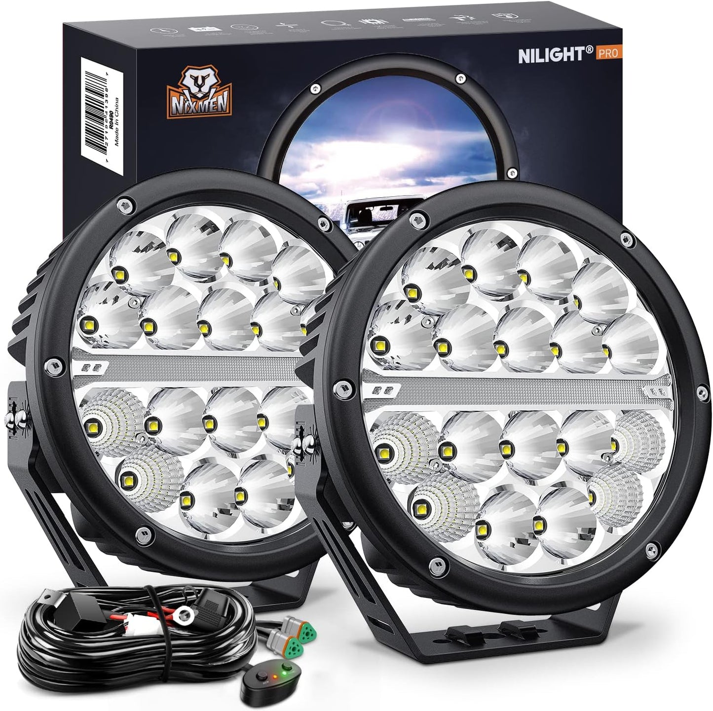 Nilight 7 Inch Round LED Offroad Driving Lights with DRL 2PCS 90W 9850LM IP68 Spot Flood Combo Work Light with 12AWG DT Connector Wiring Harness Kit