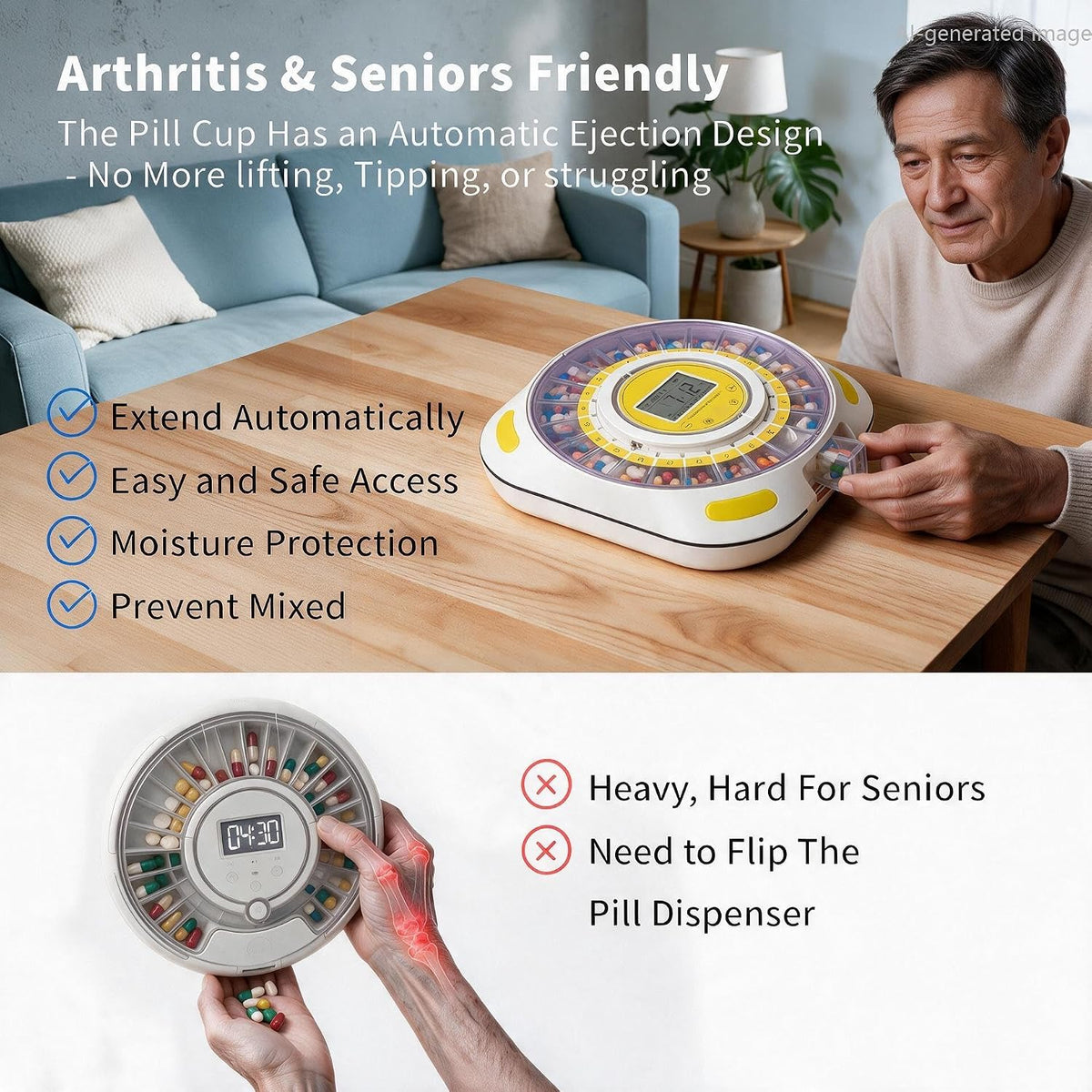 21-Day Automatic Pill Dispenser with Individual Pods & 9 Alarms for Seniors, Purple Lid