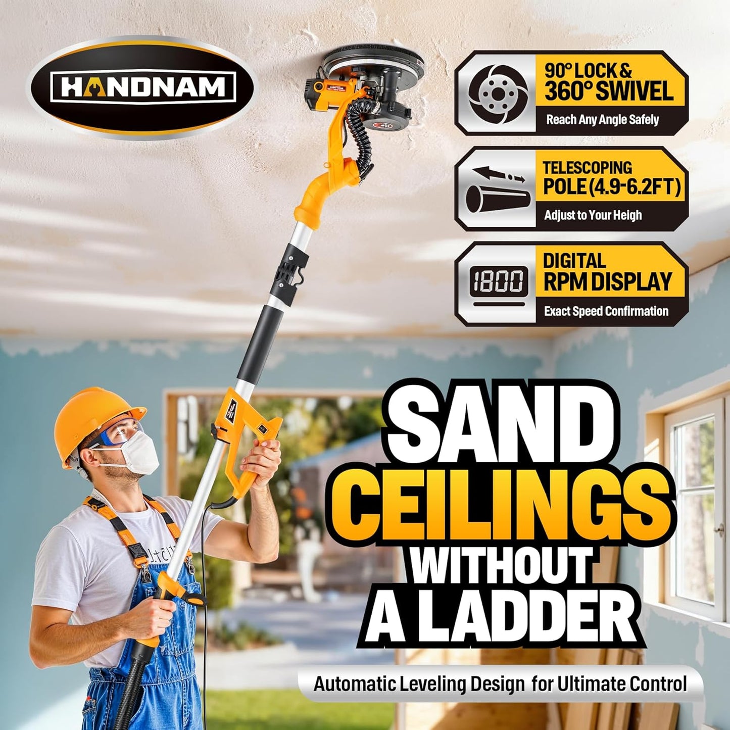 Electric Drywall Sander, 8.5A Drywall Power Sander with Vacuum Dust Collector, 9 Variable Speed 800-2100RPM, LED Light, Dustless Wall Sander for Drywall, Popcorn Ceiling