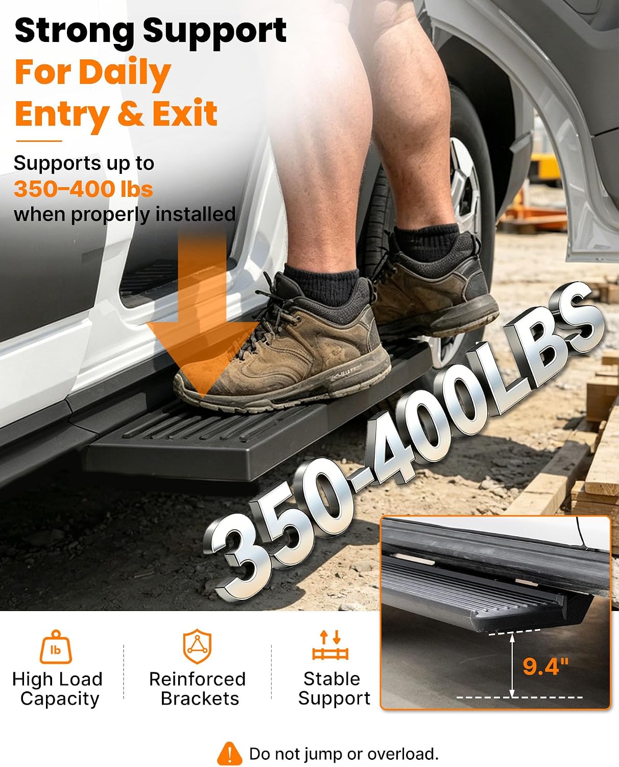 MELIPRON Running Board Fits for Ford Transit 150, 250, 350 Aluminum Rear Side Steps for Van No-Drilling Required