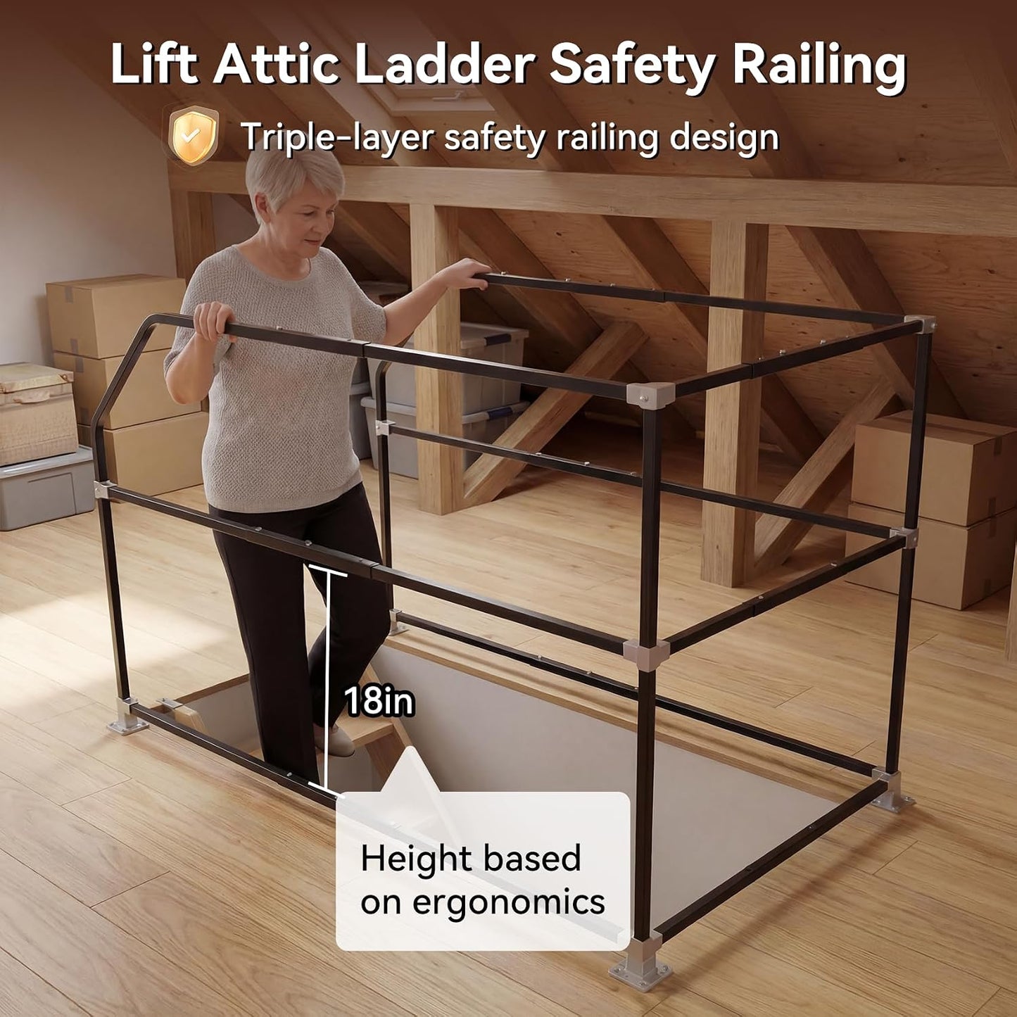 Lift Attic Ladder Safety Railing, Three-Layer Safety Handrail, Adjustable Attic Ladder Climbing Assistance Railing, Three-Sided Guardrail Reduce Fall Risk for Ascend Descend at Storage Loft