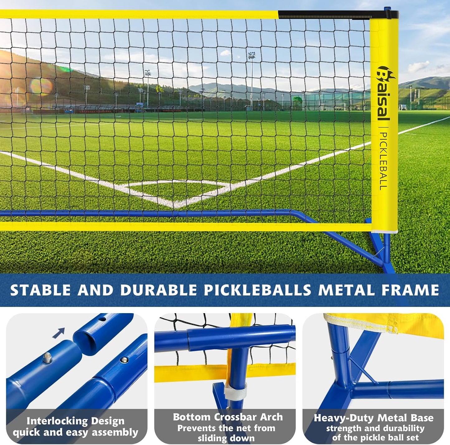 Baisal Pickleball Set with Net Portable Outdoor Indoor, 22FT Regulation Size Pickleball Net for Driveway with 4 Wooden Pickleball Paddles, 1 Pickle