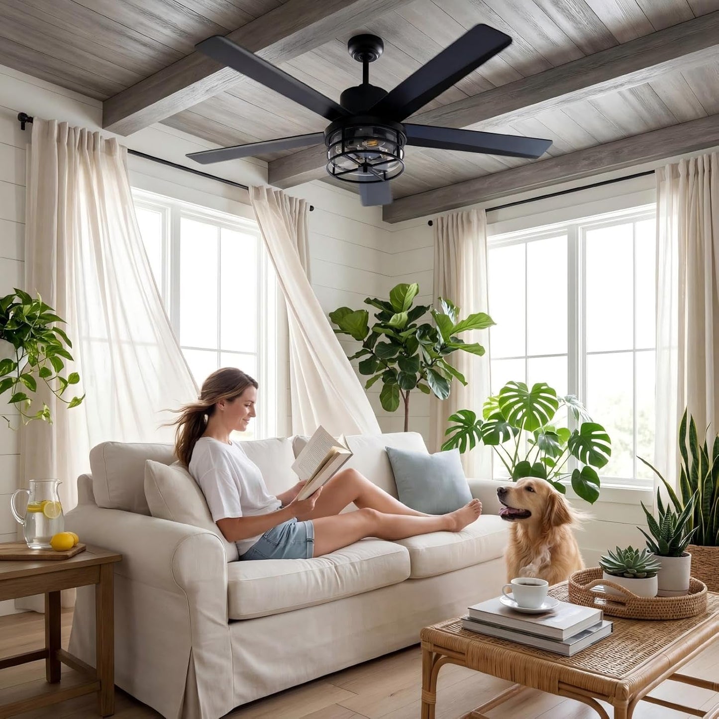 52" Plug-in Ceiling Fan with Light, Matte Black Modern Industrial Caged Glass Fan for Living Room, Bedroom, Farmhouse Decor, 4-Light E12 Base, Remote/App Control, Reversible DC Motor