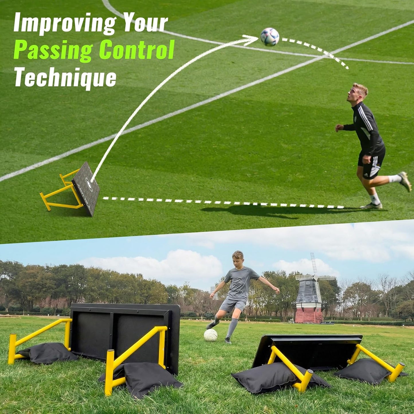 4-Angle Soccer Rebounder Board, Portable Soccer Rebound Wall for Passing, First Touch & Shooting Training, Heavy Duty HDPE Kick Back Trainer 32" x 12"