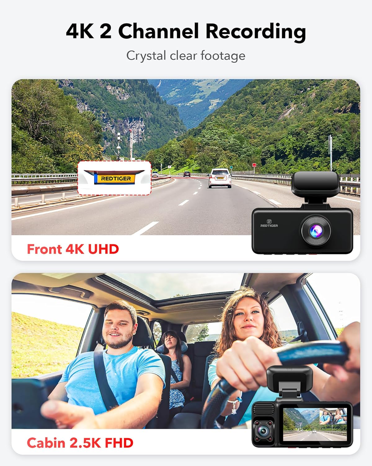 REDTIGER 3 Channel Dash Cam, 4K+1080P+1080P Front and Rear Inside Triple Car Camera,Built-in GPS and 5.0 GHz WiFi, 3 inch IPS Screen, WDR IR Night