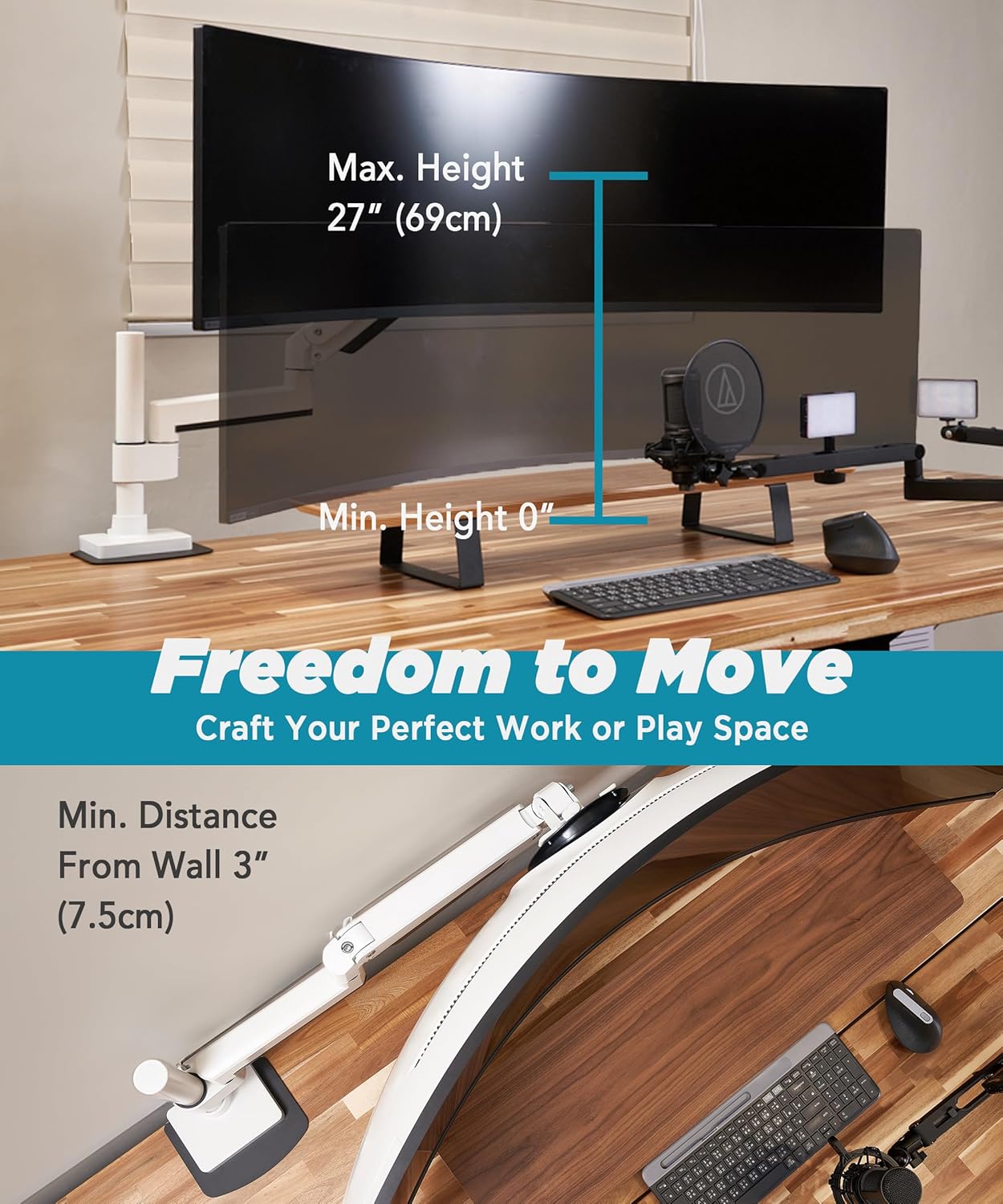 Heavy Duty Monitor Arm for Ultrawide Monitors up to 57'; and 44 lbs, Single Desk Stand, Pneumatic Height Adjustable, Modular Extension Arms - Max