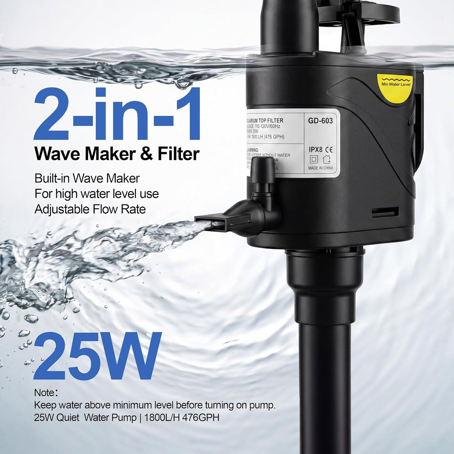 3-Tier Wet-Dry Trickle Aquarium Filter, Smoke Clear Filter Box, 476 GPH 3-in-1 Water Pump, Ultra Quiet, Adjustable Bracket, Easy Maintenance, For 20-80 Gallon Freshwater Saltwater Turtle Tanks
