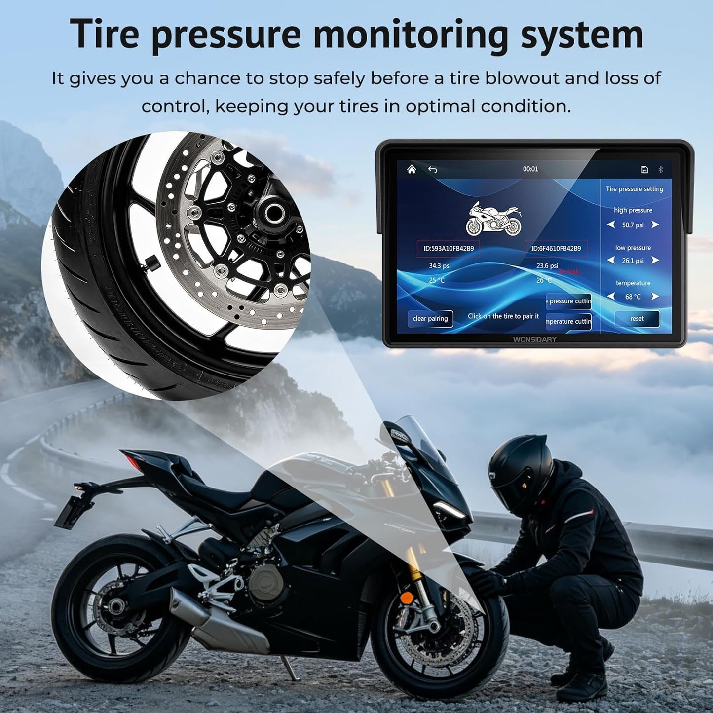 5" Compact Wireless Motorcycle CarPlay & Android Auto with TPMS Screen,IP67 Waterproof IPS Touchscreen,Voice Control, Dual Bluetooth Audio,USB/Acc Power Motorcycle GPS Display for Riding 5 Inch