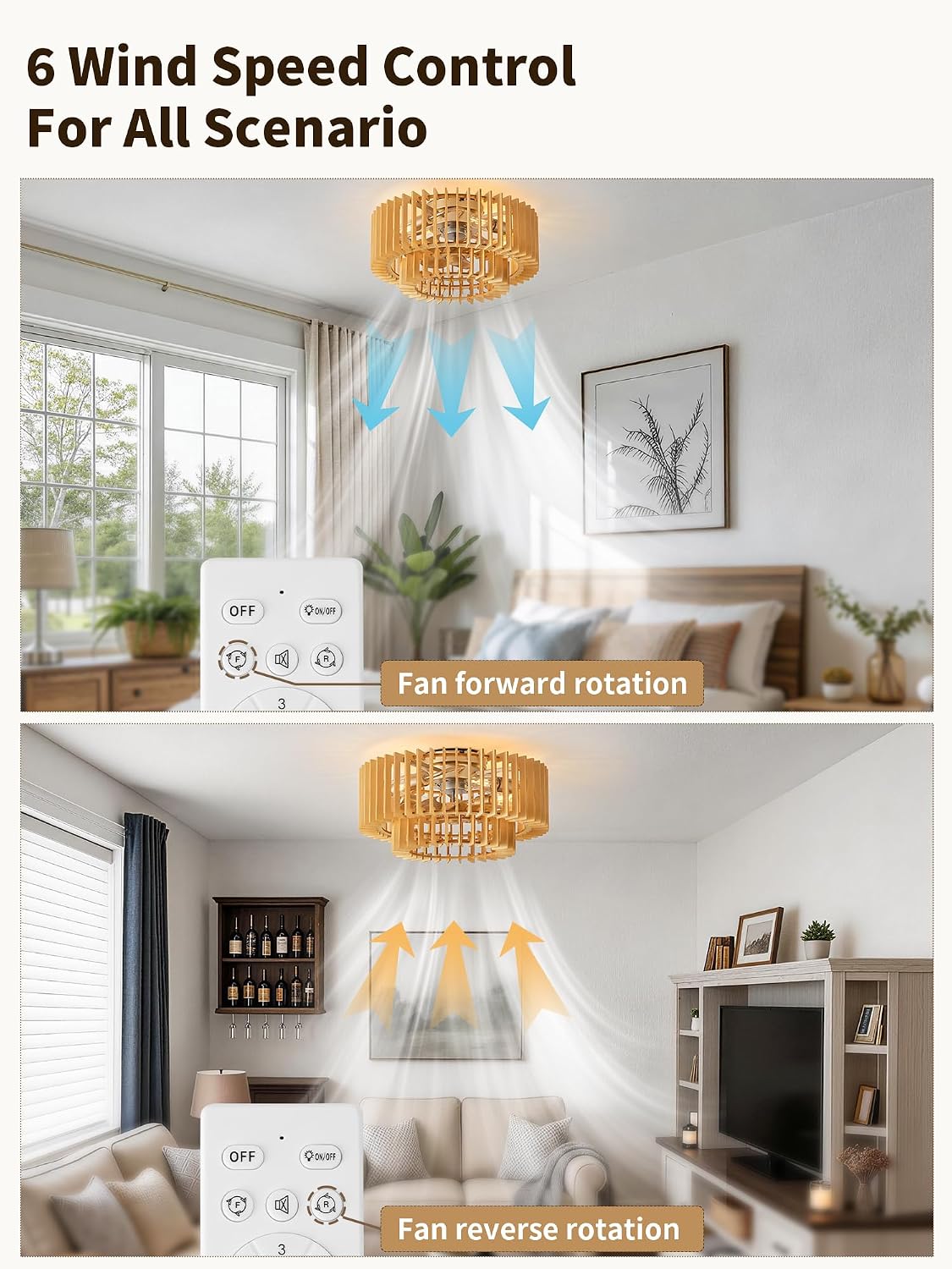 20" Wood Caged Ceiling Fans with Lights, Flush Mount Boho Ceiling Fan with Light Remote Control, Low Profile with 6 Speeds for Bedroom, Nursery, Living Room Beige