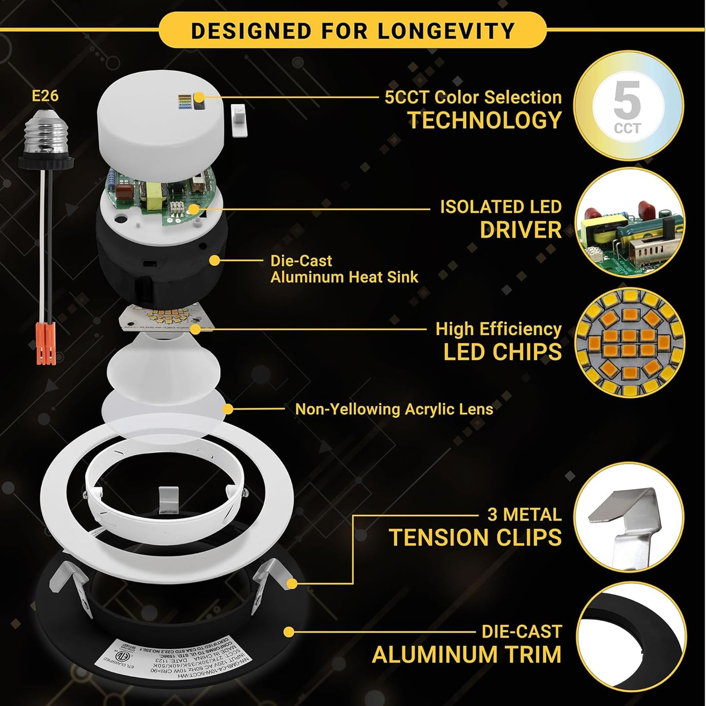 24 Pack Retrofit 4 Inch Gimbal LED Recessed Light White Trim, High Lumen, 750lm, 10W, 5CCT 2700K/3000K/3500K/4000K/5000K Selectable, Dimmable, Adjustable Lens Eyeball Downlight, ETL Listed