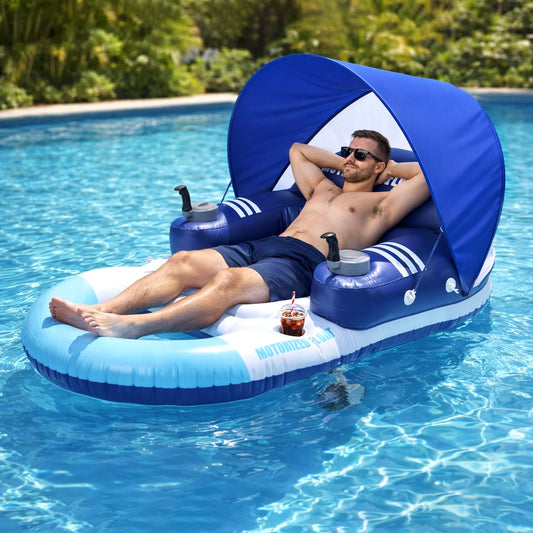 Motorized Pool Float with Canopy, Rechargeable Motorized Floats with Cup Holder – Dual Motor Heavy Duty Electric Lounger Raft for Adults, Pool, Lake & Party
