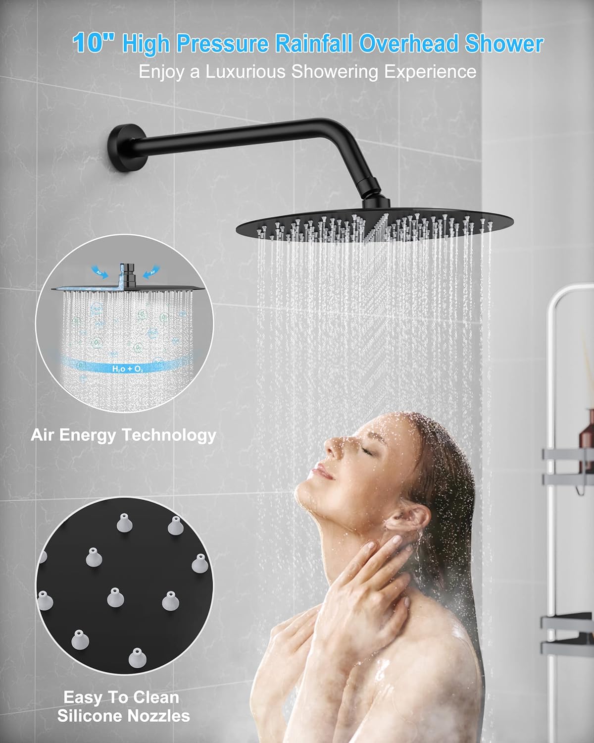 EMBATHER Black Shower Faucets Sets - Overhead Metal Rain Head Shower System with High Pressure Handheld Complete Combo and Mixer Valve Trim Kit -