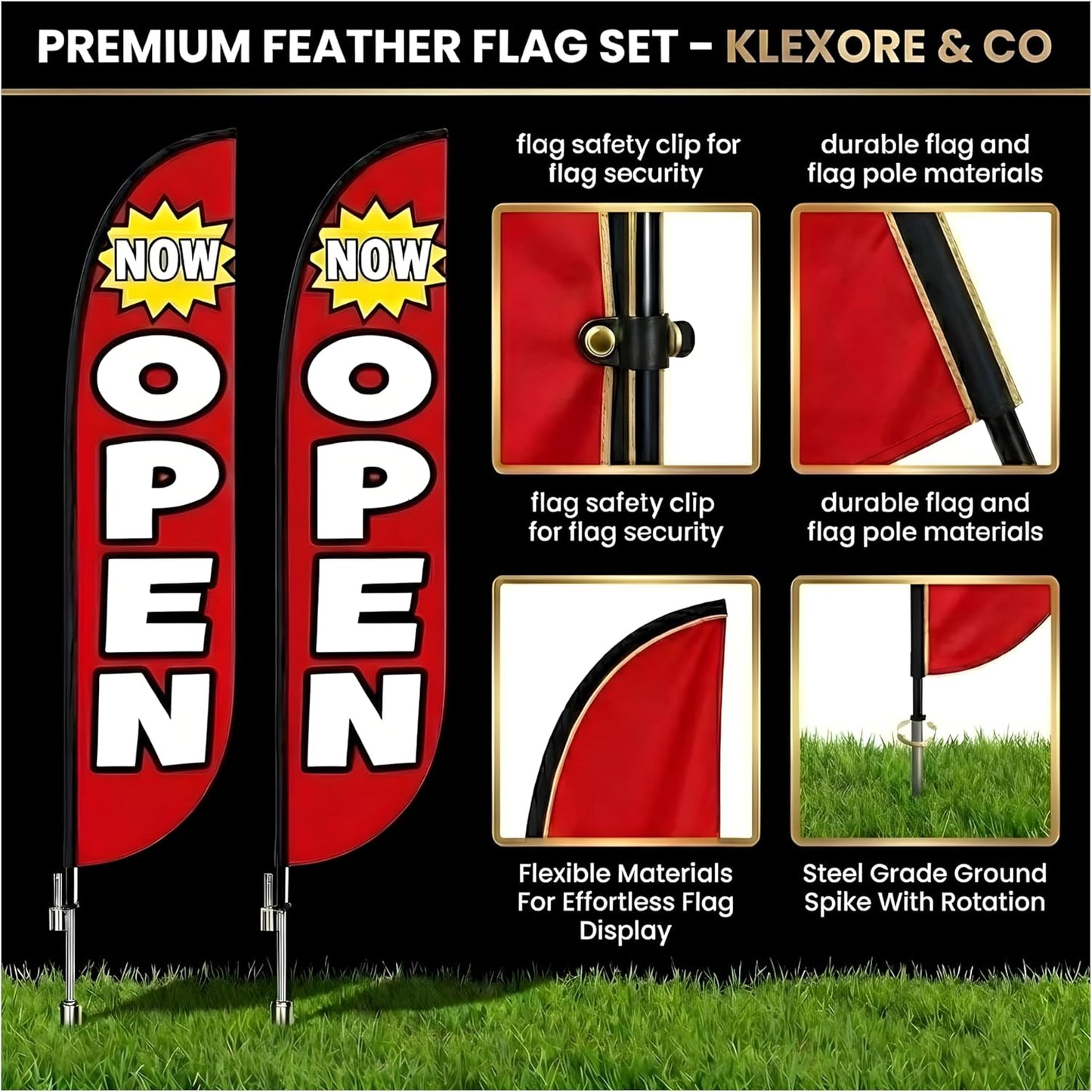 Feather Flag Pole Kit 15ft Tall 2 Pack with 12ft Tall Now Open Flags Feather Banner Advertising Open Flags for Business Grand Opening Signs Fiberglass Swooper Flag Poles with Heavy Duty Ground Spikes