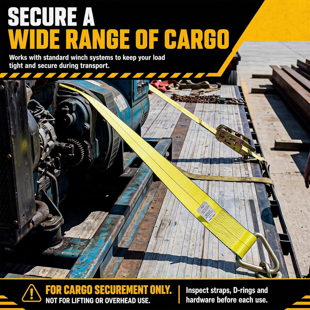 Woanger 4 Pack Cargo Control 4" x 30' Winch Straps with D-Rings Heavy Duty 5400 Lbs Working Load Limit Yellow 4 Inch Straps for Flatbed Trailers Trucks Securement