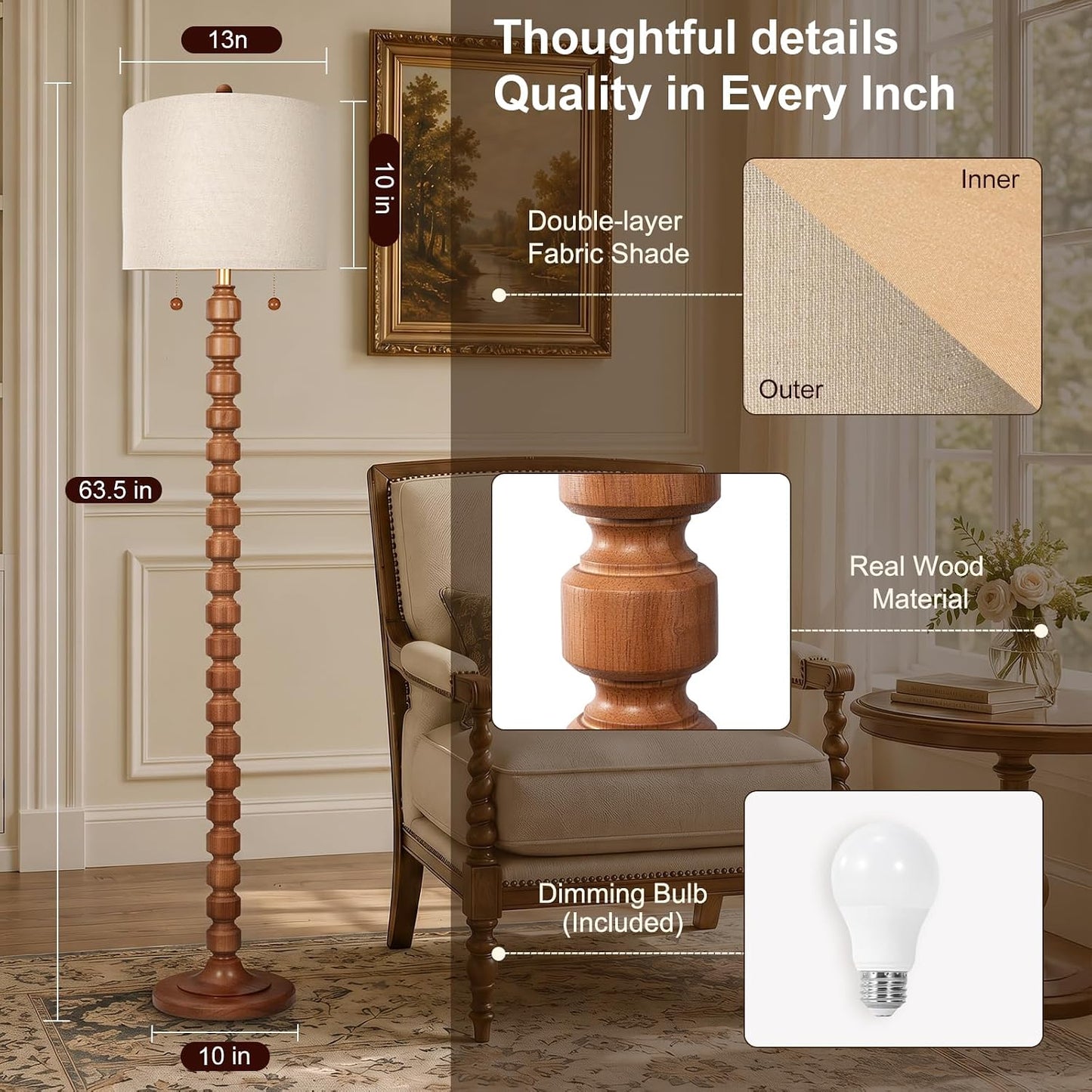 Scenekoy 63.5”H Solid Wood Floor Lamp for Living Room Bedroom, Pull Chain