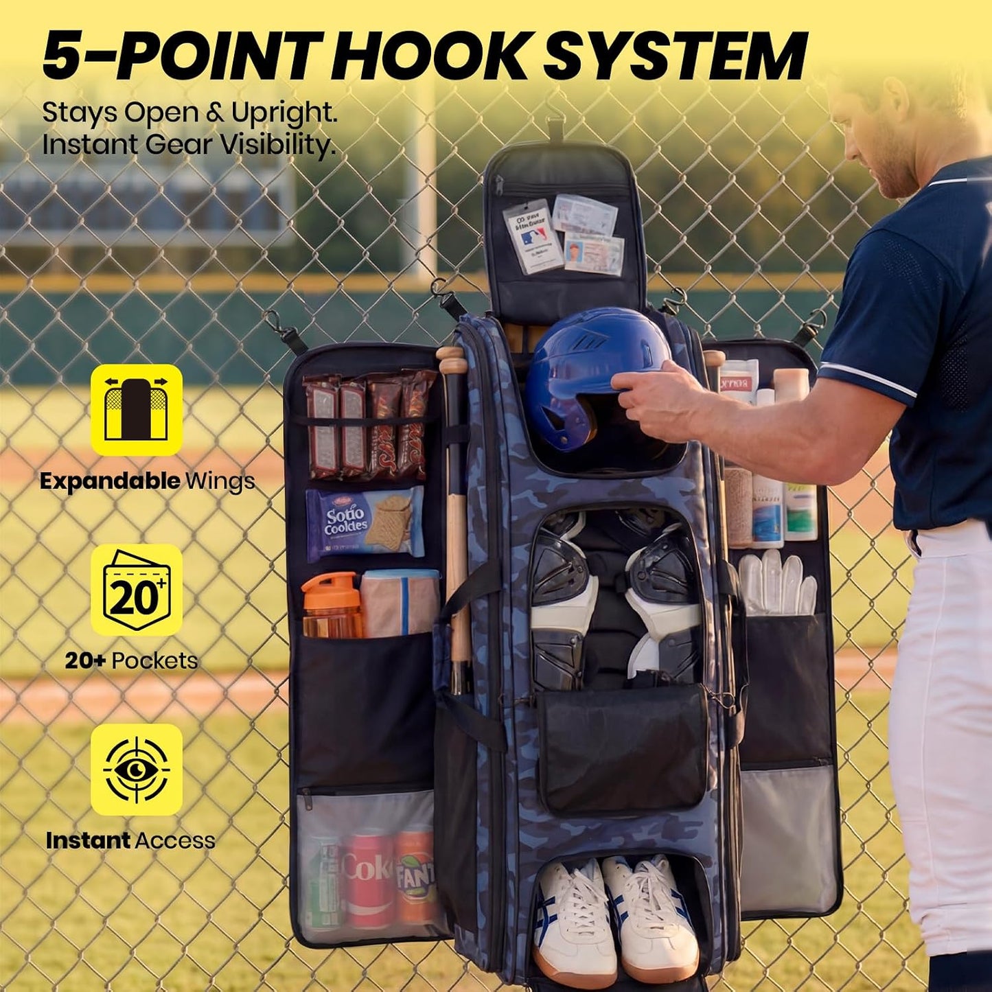 Fanwoli 100L Rolling Baseball Catchers Gear Bag, 5-Hook Dugout Organizer Midnight Stealth Camo-1