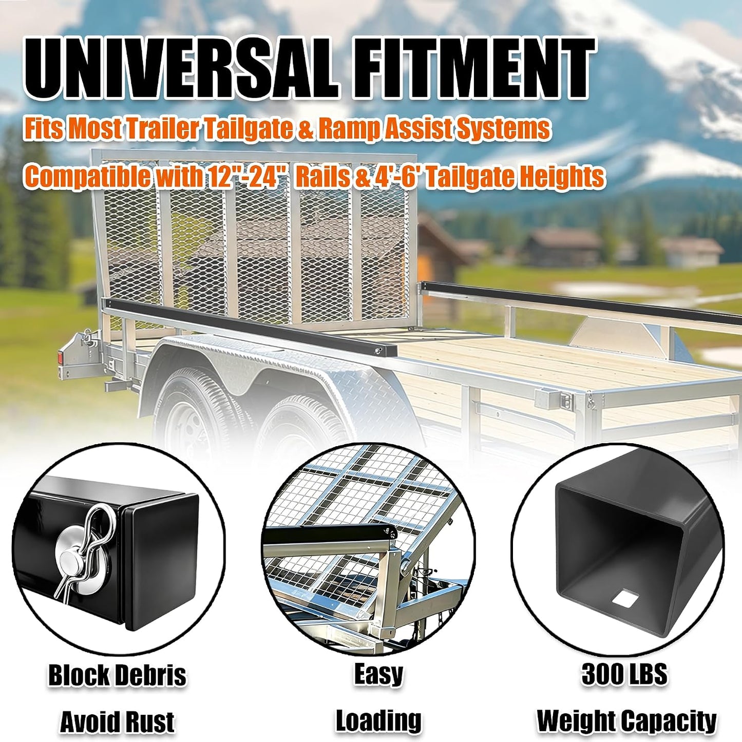 Trailer Tailgate Lift Assist for Open-Utility 12-24" Rail 4-6ft Ramp | 300LBS dual-side lift assist, galvanized painted corrosion-resistant, effortless tailgate lifting for farming & hauling