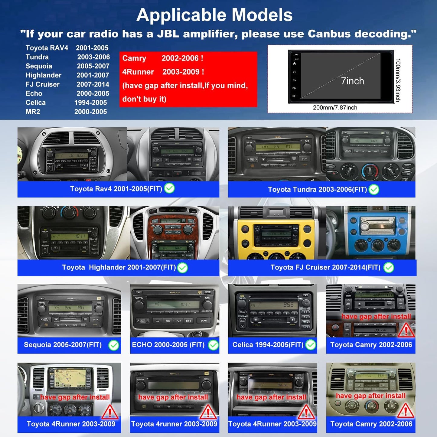 Car Radio for Toyota 4Runner 2003-2009, Tundra 2003-2006, Sequoia 2005-2007, FJ Cruiser 2007-2014, Highlander 2001-2007, RAV4 2001-2005, 7inch Touch Screen Stereo Carplay Android Auto BT Camera GPS FM