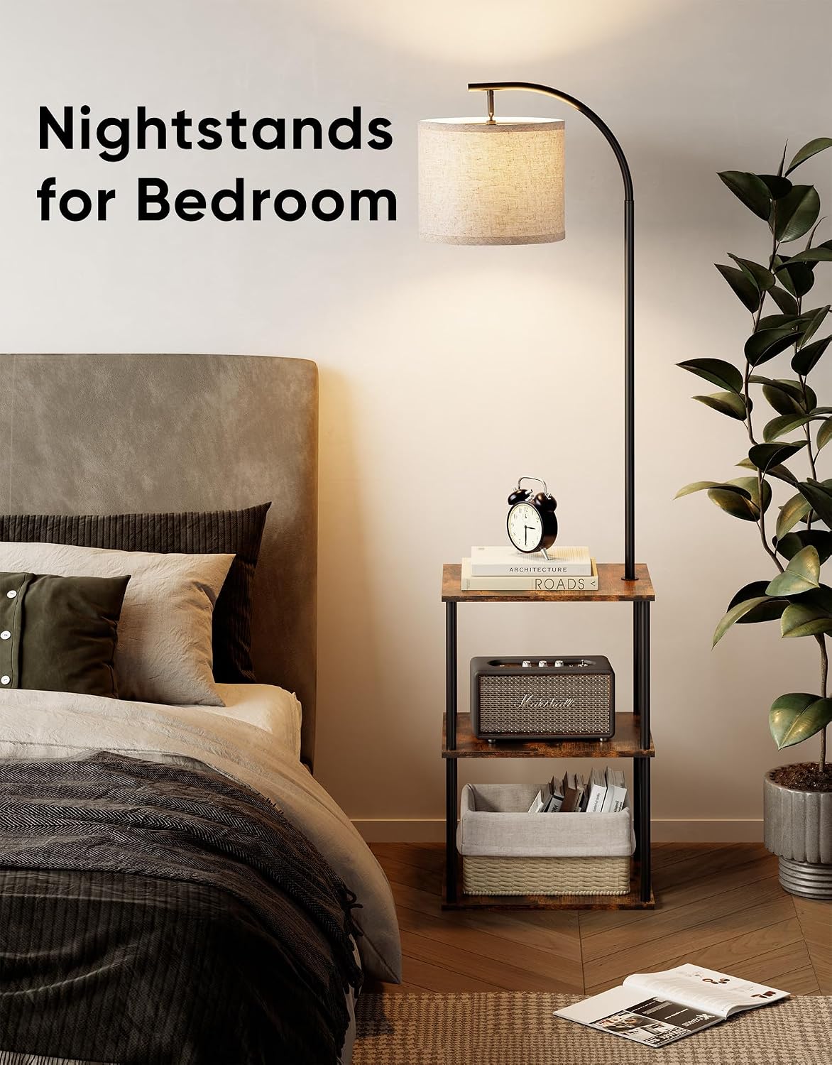 PARTPHONER Floor Lamp with Table 2 Pack, Night Stand with Lamp, Narrow Side Table with 3CCT LED Bulb, Small Coffee Table, Modern End Table with Storage Shelves for Living Room Bedroom Home Décor