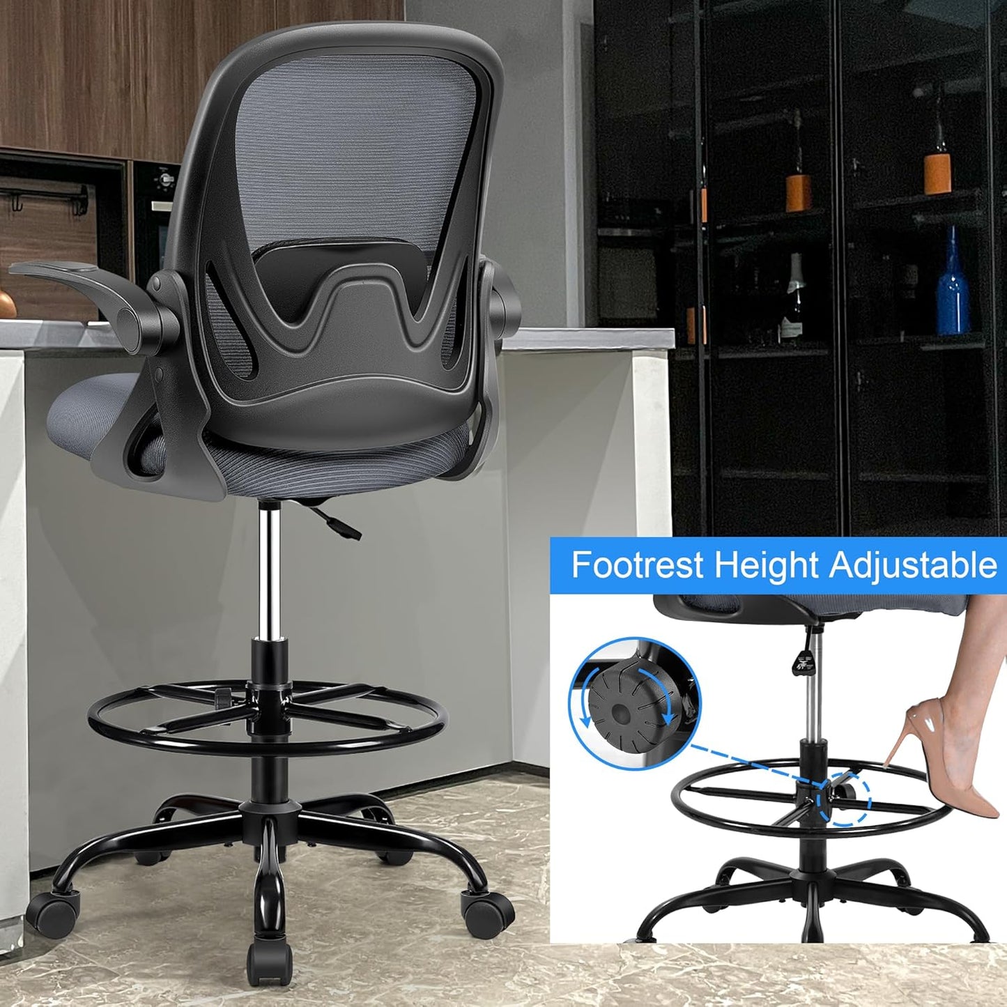 Drafting Chair Tall Office Chair with Flip-up Armrests, Adjustable Height