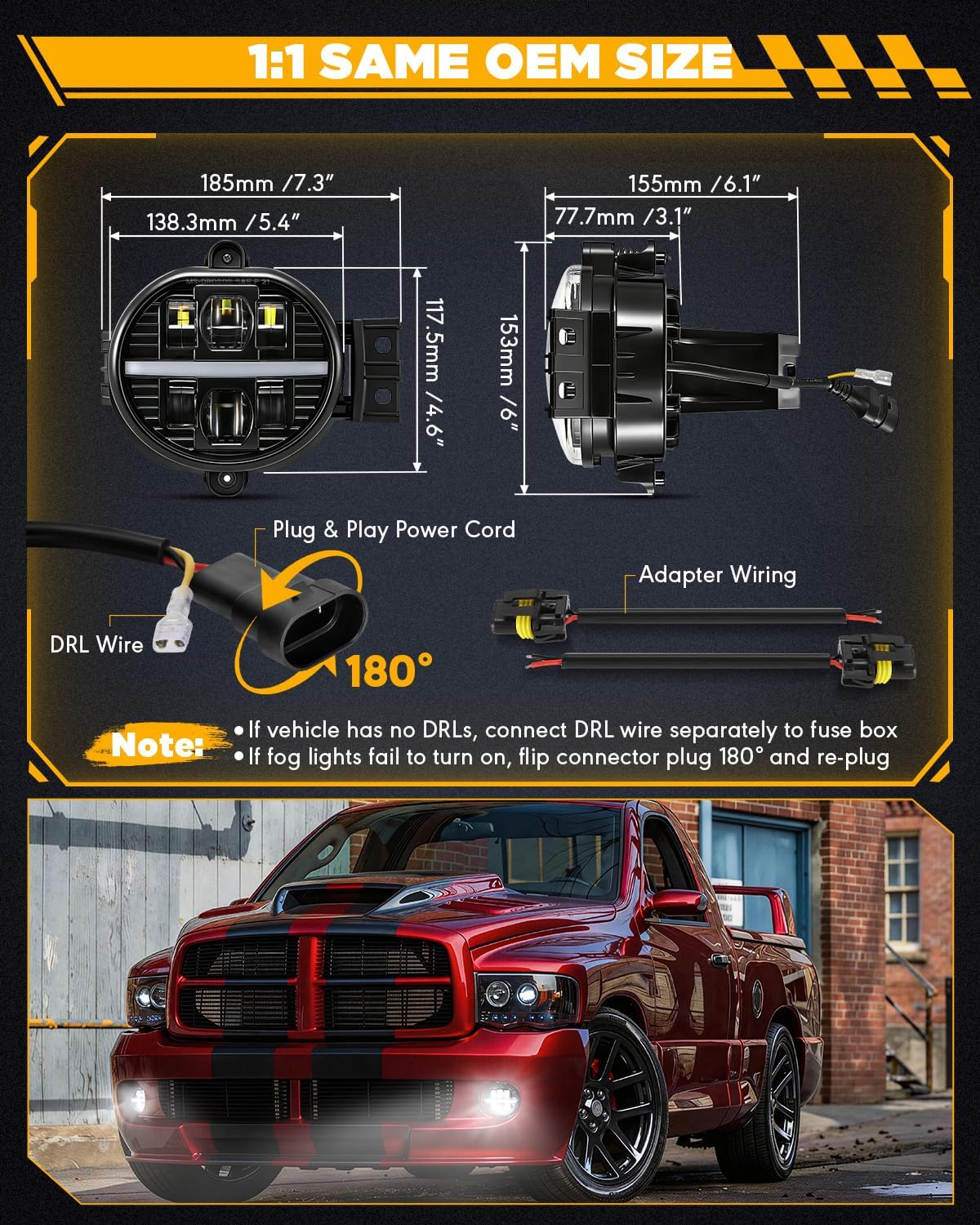 Auxbeam New LED Fog Lights with DRL, DOT Approved Bumper Fog Lamps for Dodge Ram 1500 2002-2008 Dodge Ram 2500/3500 2003-2009 Durango 2004-2006, 1 Pair Black