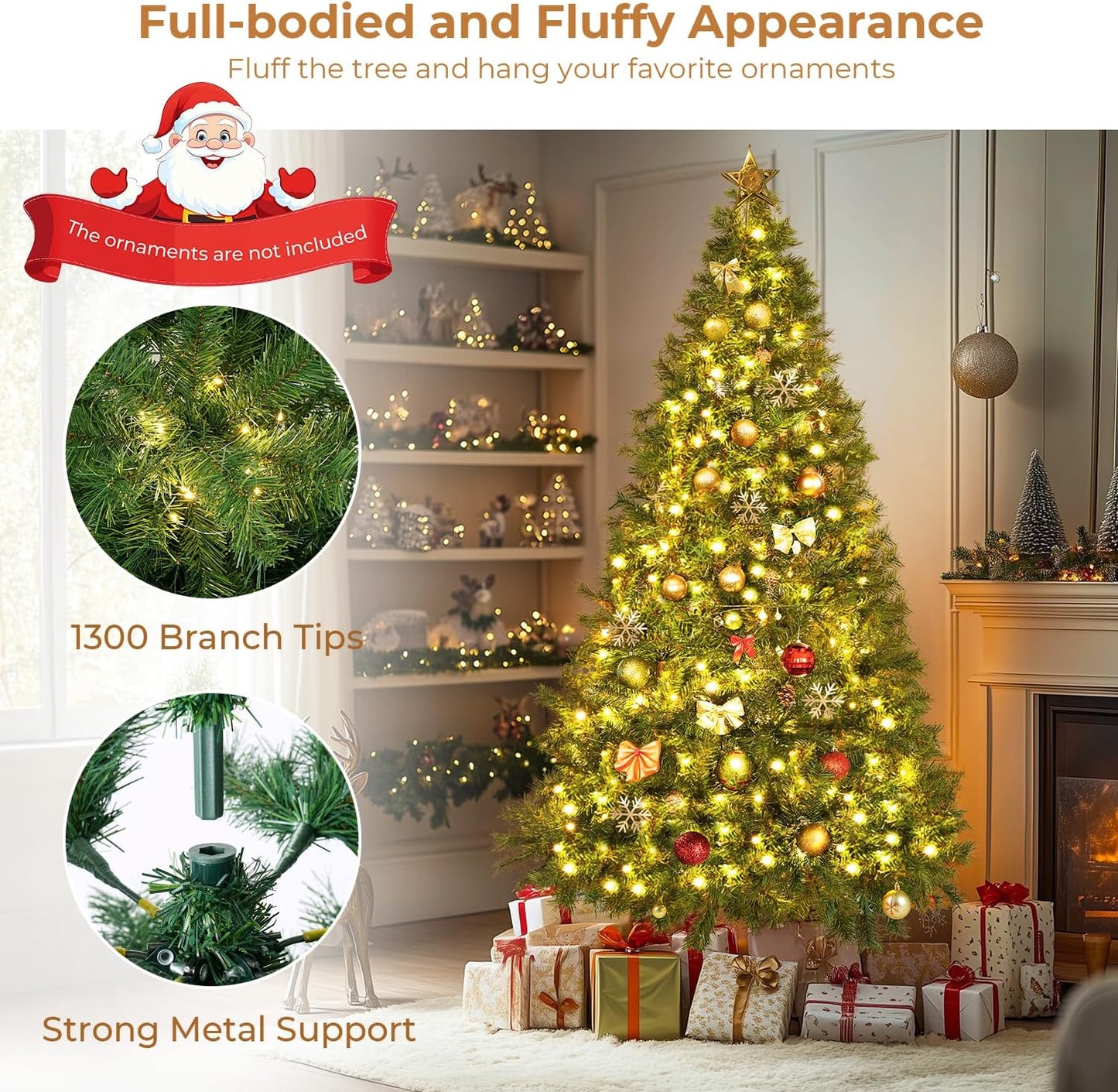 7.5 ft Artificial Christmas Tree with 1300 PVC Branch Tips, Holiday Xmas Tree with Foldable Base and Easy Assembly, Indoor Christmas Trees for Yard