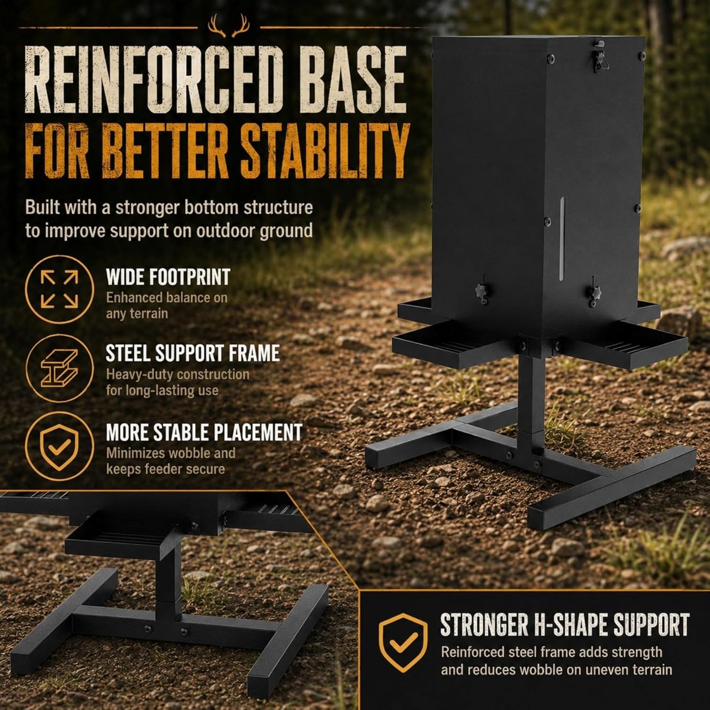 50 lbs Deer Feeder with 4 Feeding Tray, Gravity Deer Feeder with Adjustable Feed Outlet, View Window, Weatherproof Camo Cover, Metal Deer Feeders for Woodland, Farm, Ranch & Hunting Grounds