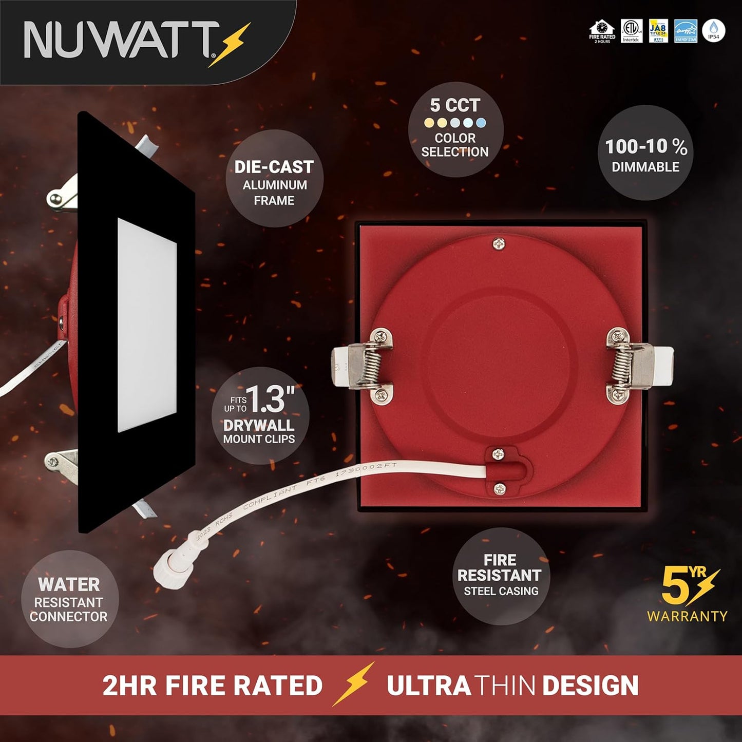 NUWATT 12 Pack, 4 Inch 2 Hour FIRE Rated LED Recessed Light, 2700K/3000K/3500K/4000K/5000K Selectable, 900 Lumen Dimmable, IC Rated, Square Black