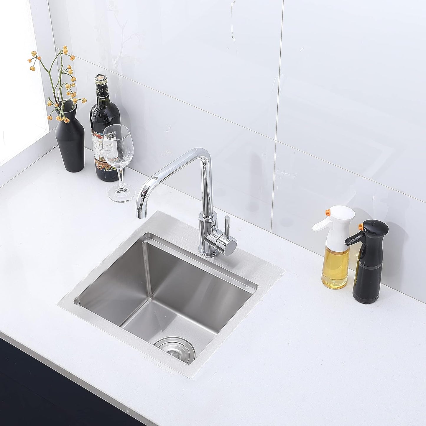 UFaucet 15x15 Drop In Bar Sink Stainless Steel 15 Inch Top Mount Small Kitchen Sink Modern Commercial Handmade Single Bowl T