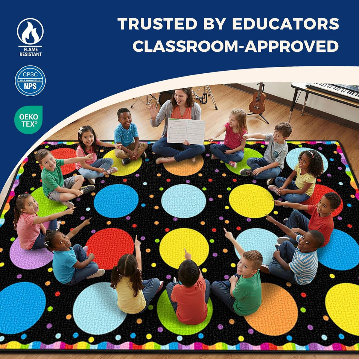 Booooom Jackson Classroom Rug - 5'x7'6'' Playful Rainbow Circle Time Preschool Classroom Carpet, Non-Slip & No-Trip Edges, Vibrant Colors for Kids Playroom Floor Mat