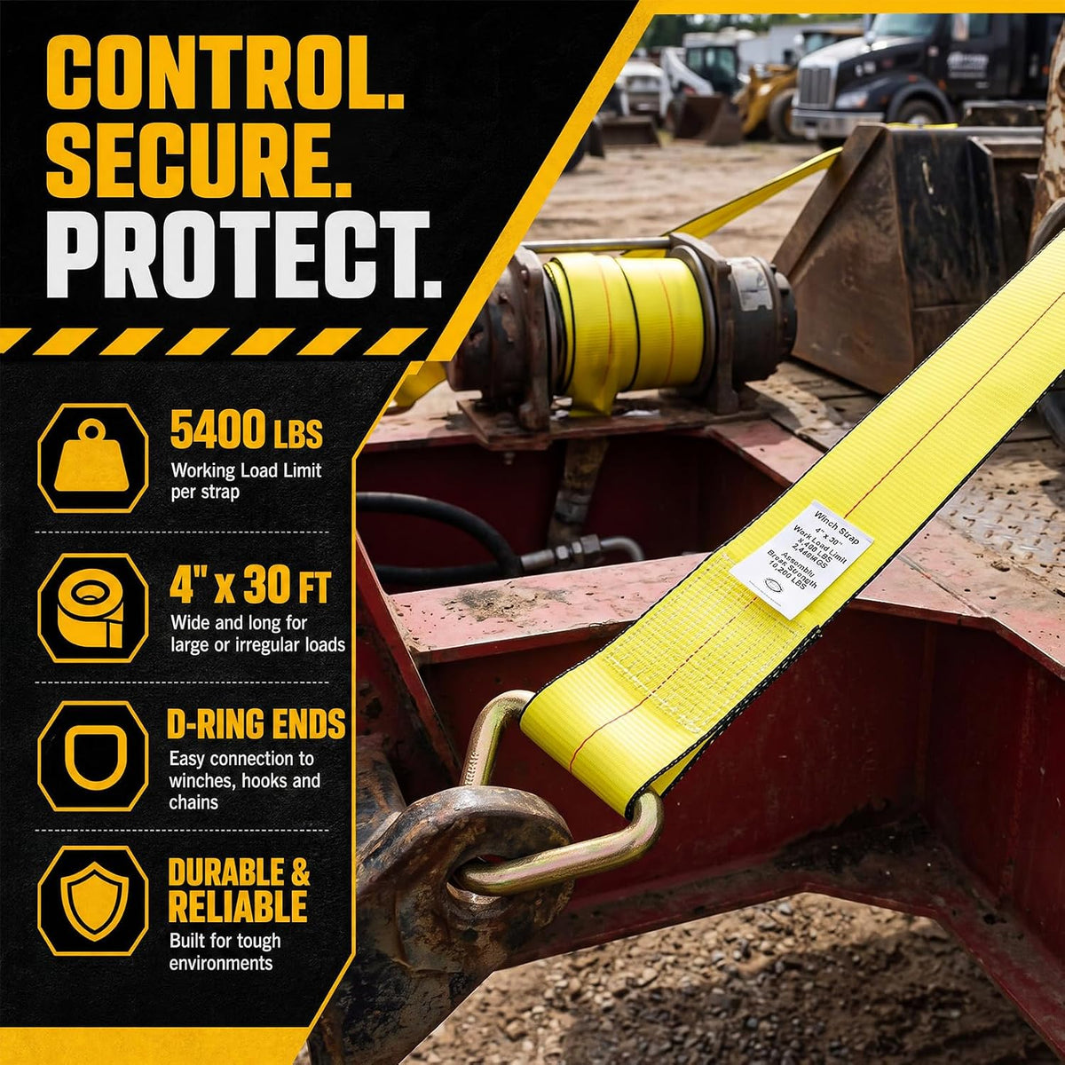 Woanger 4 Pack Cargo Control 4" x 30' Winch Straps with D-Rings Heavy Duty 5400 Lbs Working Load Limit Yellow 4 Inch Straps for Flatbed Trailers Trucks Securement