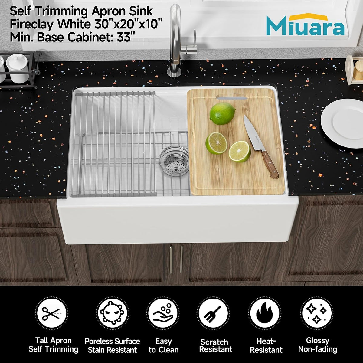 Miuara 30 x 20 Inch Self Trimming Farmhouse Workstation Kitchen Sink White Glossy White 30"x20"x10"