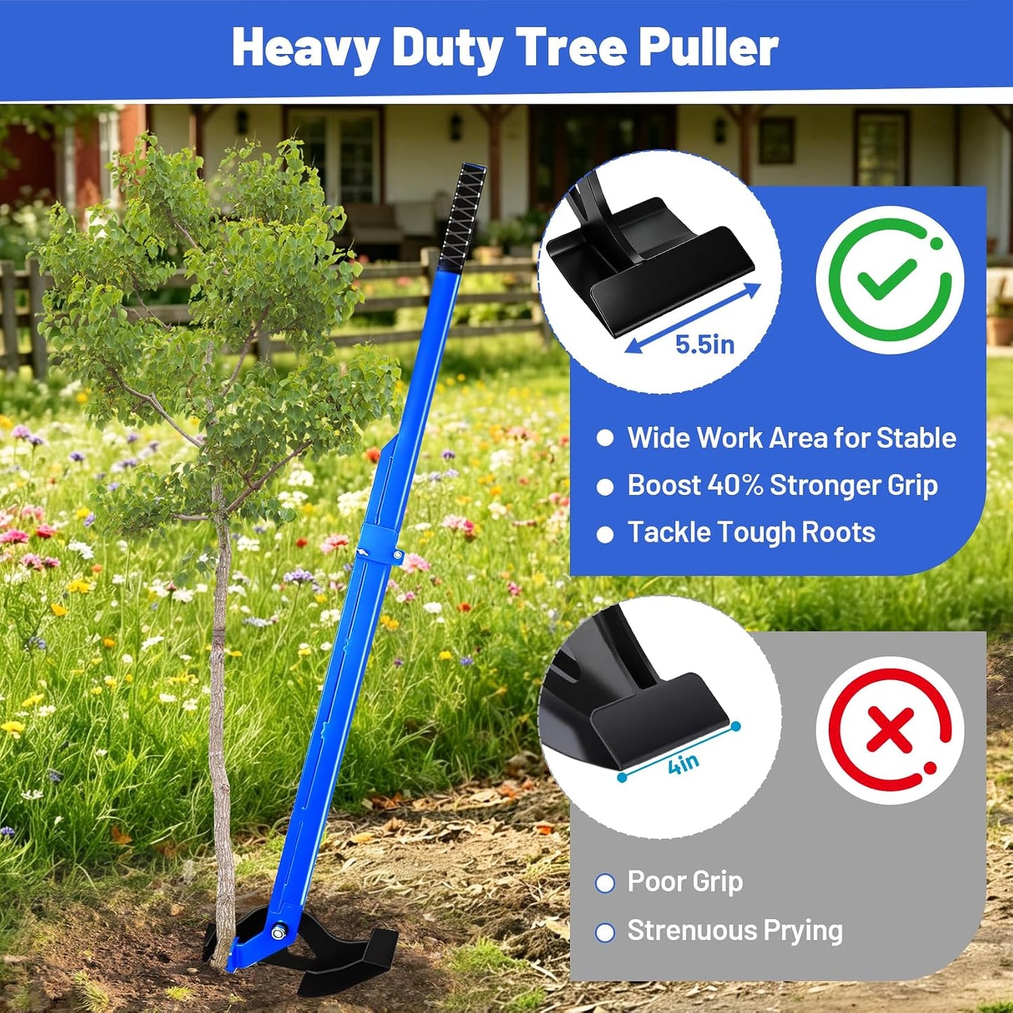 62" H Heavy-Duty Tree Puller for ¼ to 2" Roots, Large Size Sapling Puller Fully Uproots Trees, Shrubs, Vines and Thorns, Fit for Garden, Farm, Forestry, Widened Working Surface, Foldable Design