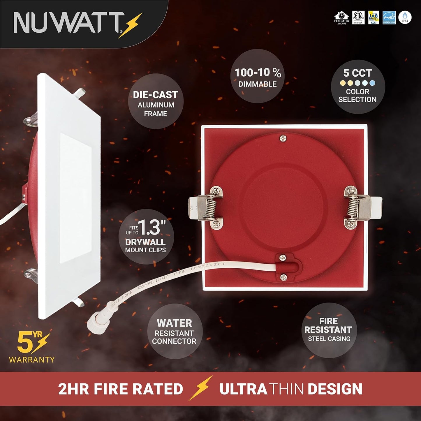 NUWATT 12 Pack, 6 Inch 2 HOUR FIRE RATED LED Recessed Light, 5CCT 2700K/3000K/3500K/4000K/5000K Selectable, 1200 Lumen Dimmable, IC Rated, Square