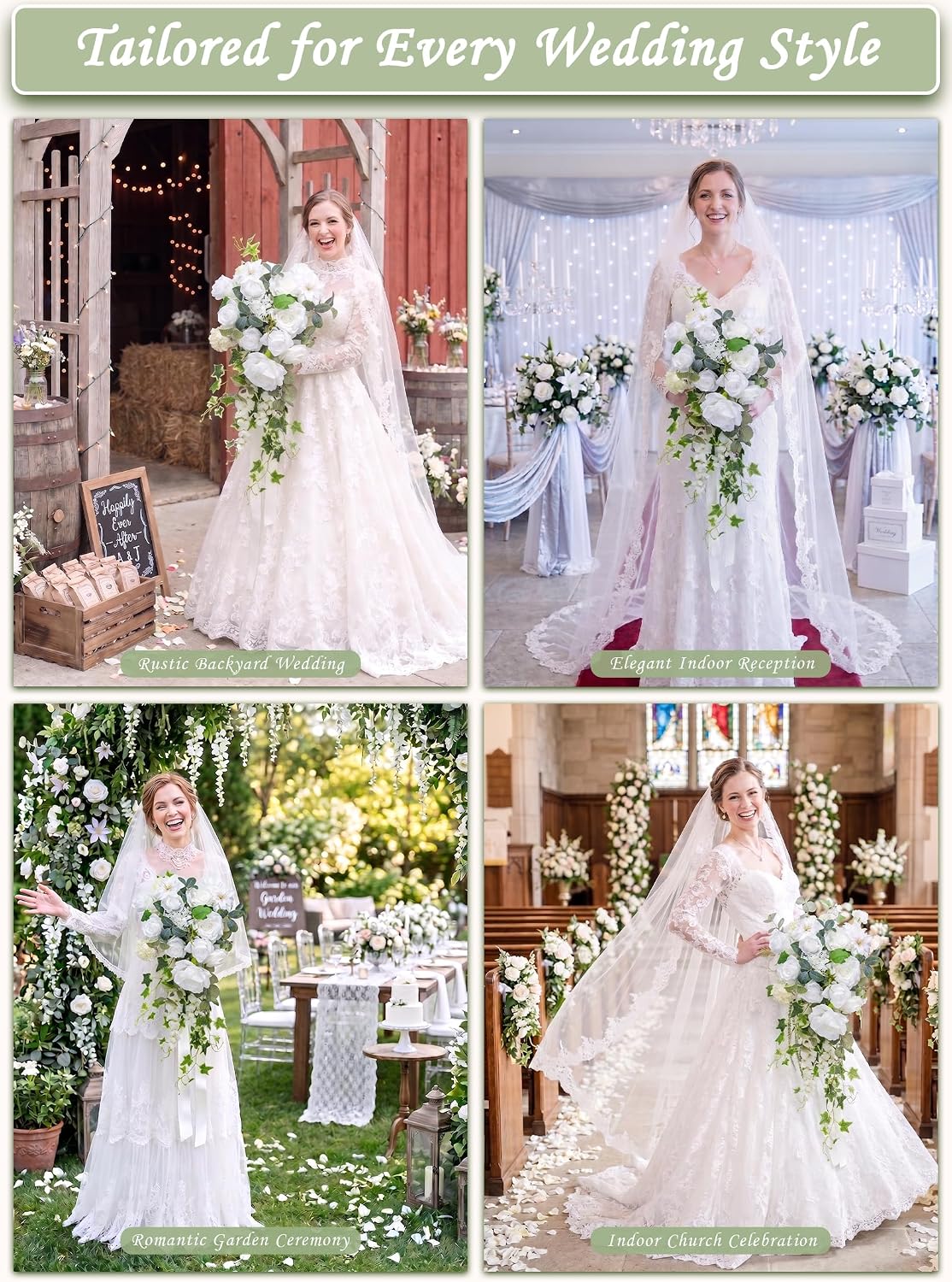 13.7" Wedding Bouquets for Bride,White Silk Cascading Bride Bouquet White & Sage 13.7inch