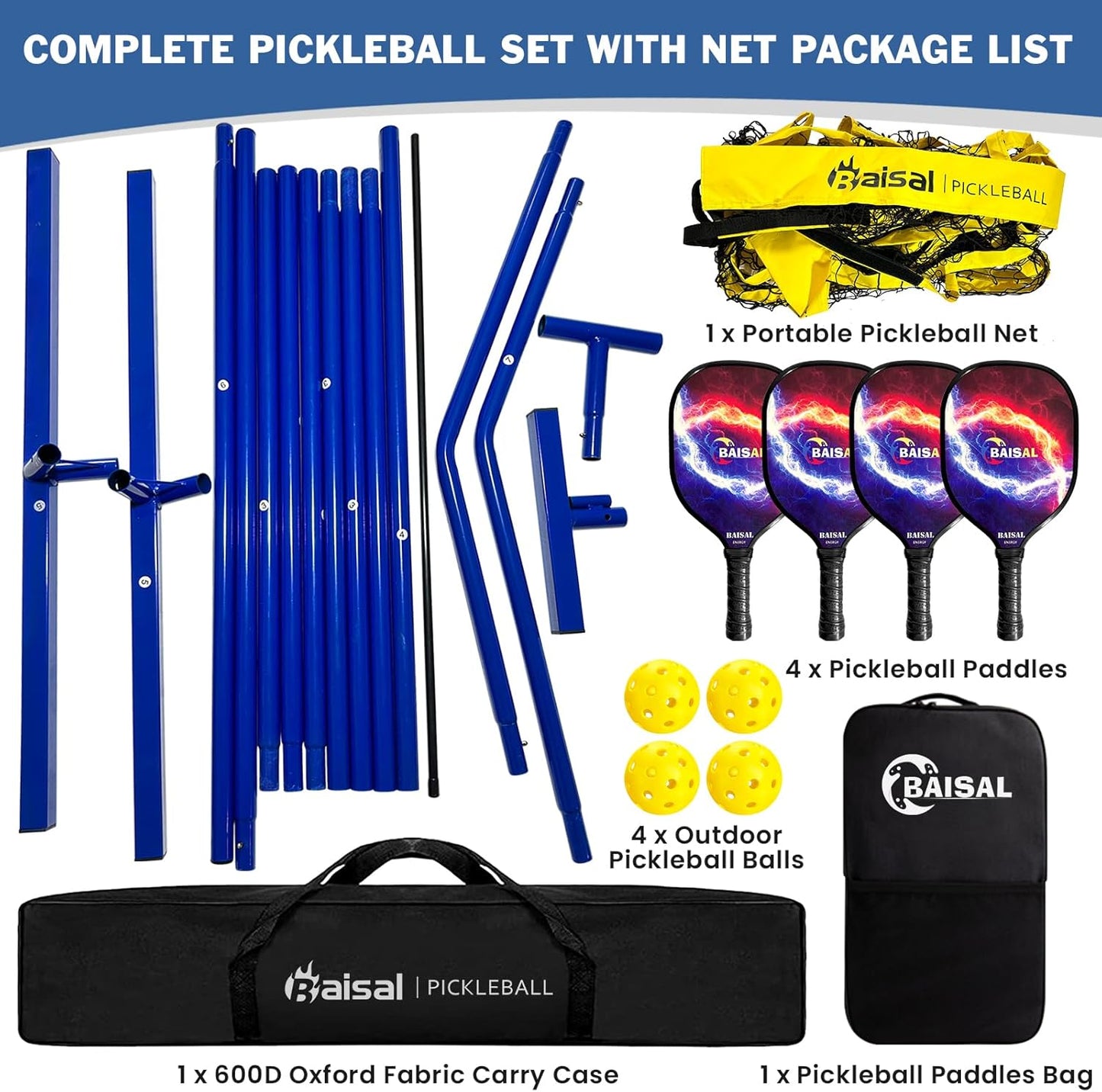 Baisal Pickleball Set with Net Portable Outdoor Indoor, 22FT Regulation Size Pickleball Net for Driveway with 4 Wooden Pickleball Paddles, 1 Pickle