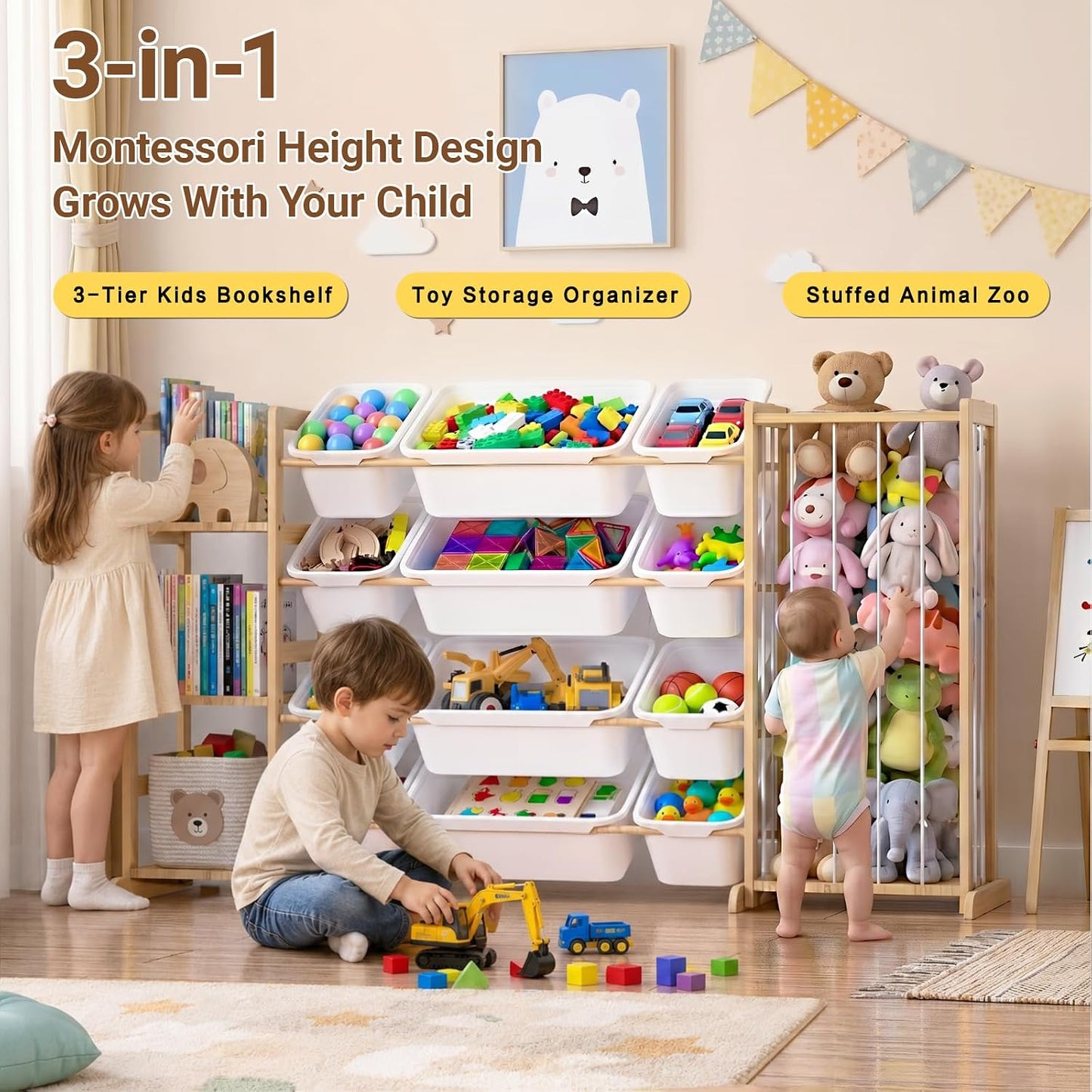 Toy Storage Organizer with Kids Bookshelf and Stuffed Animal Storage | Solid Wood Toy Shelf, Removable Toy Bins, Heavy Load Support, Large Stuffed Animal Holder, Toddler Kid Playroom Living Room