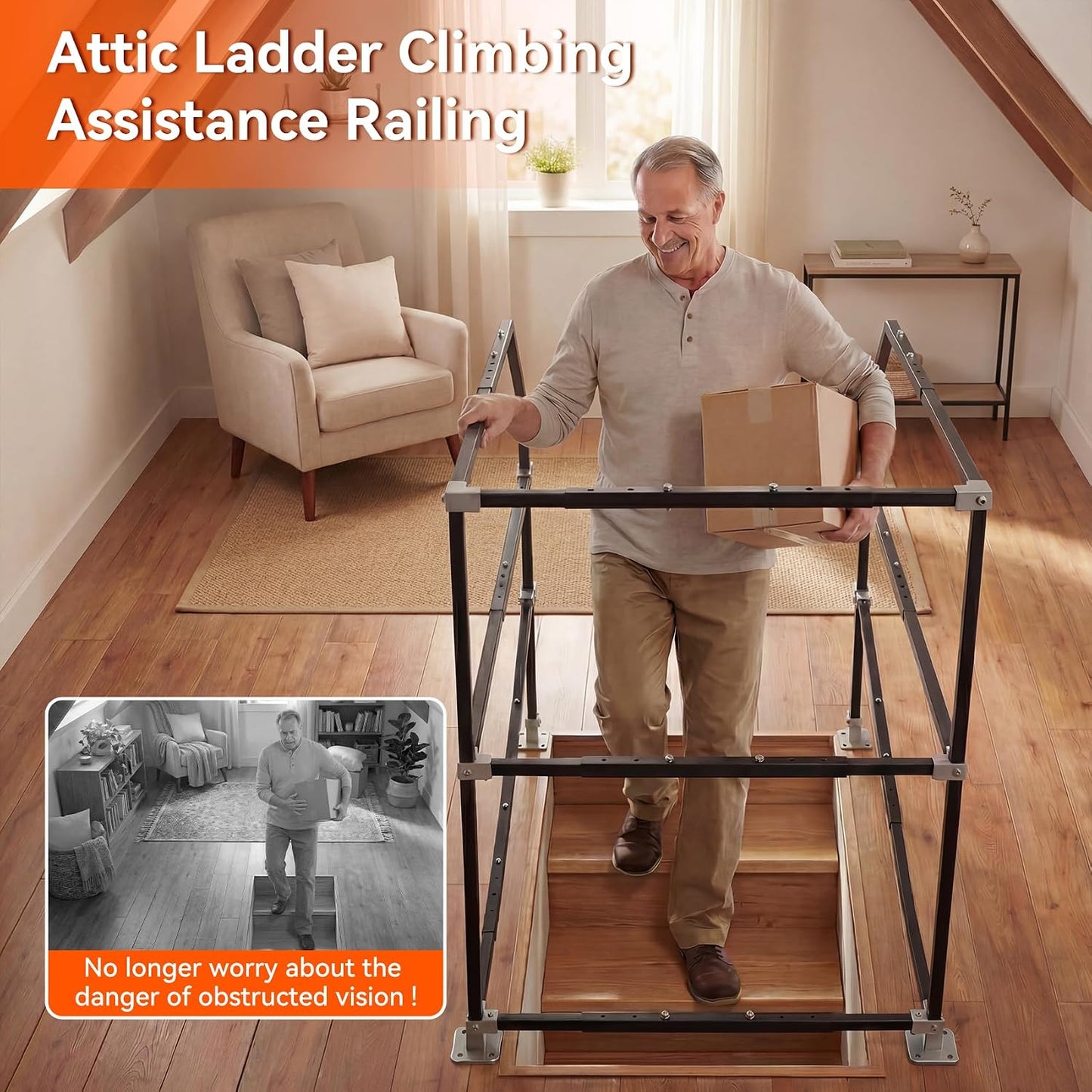 Lift Attic Ladder Safety Railing, Three-Layer Safety Handrail, Adjustable Attic Ladder Climbing Assistance Railing, Three-Sided Guardrail Reduce Fall Risk for Ascend Descend at Storage Loft
